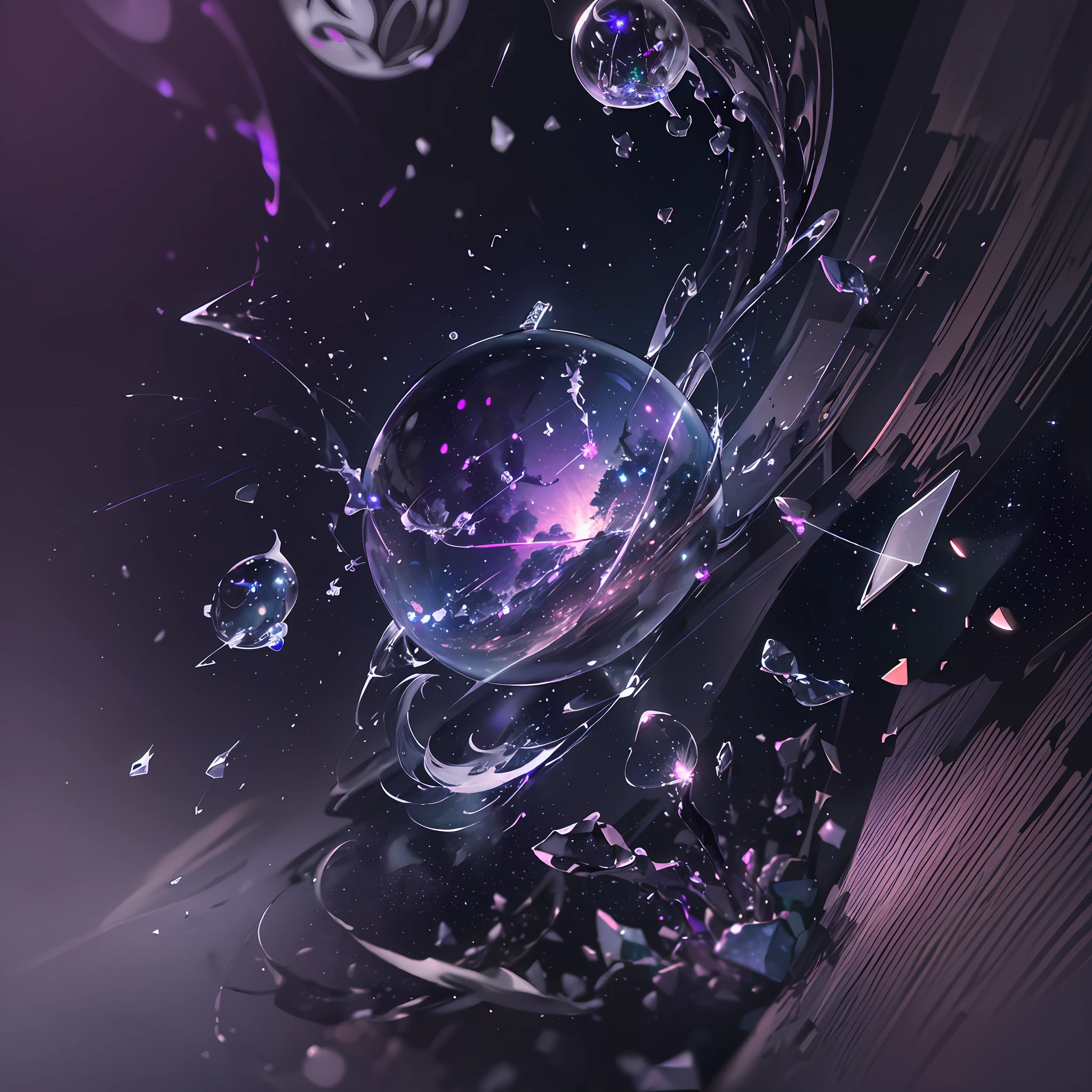 Computer, art, Extensive landscape ultra photography soap bubbles, full moon, night sky, shards (general view showing soap bubbles breaking into shards), inside the soap bubble fragments meteor shower, (ultradetailed), full moon, (detailed), shards, glass (detailed), night night, moon reflection, rain (1:3), fireflies (1:3), BREAK production art, (cold light source:1.2), (Firefly:1.2), purple, fire particles, colors, complex details, volumetric lighting, realistic fantasy BREAK (masterpiece:1.2), (best quality), 4k, ultra-detailed, (dynamic composition: 1.4), high detailed, colorful details, (gloomy colors: 1.2), (luminous lighting, atmospheric lighting), gloomy, dark, magical --auto --s2