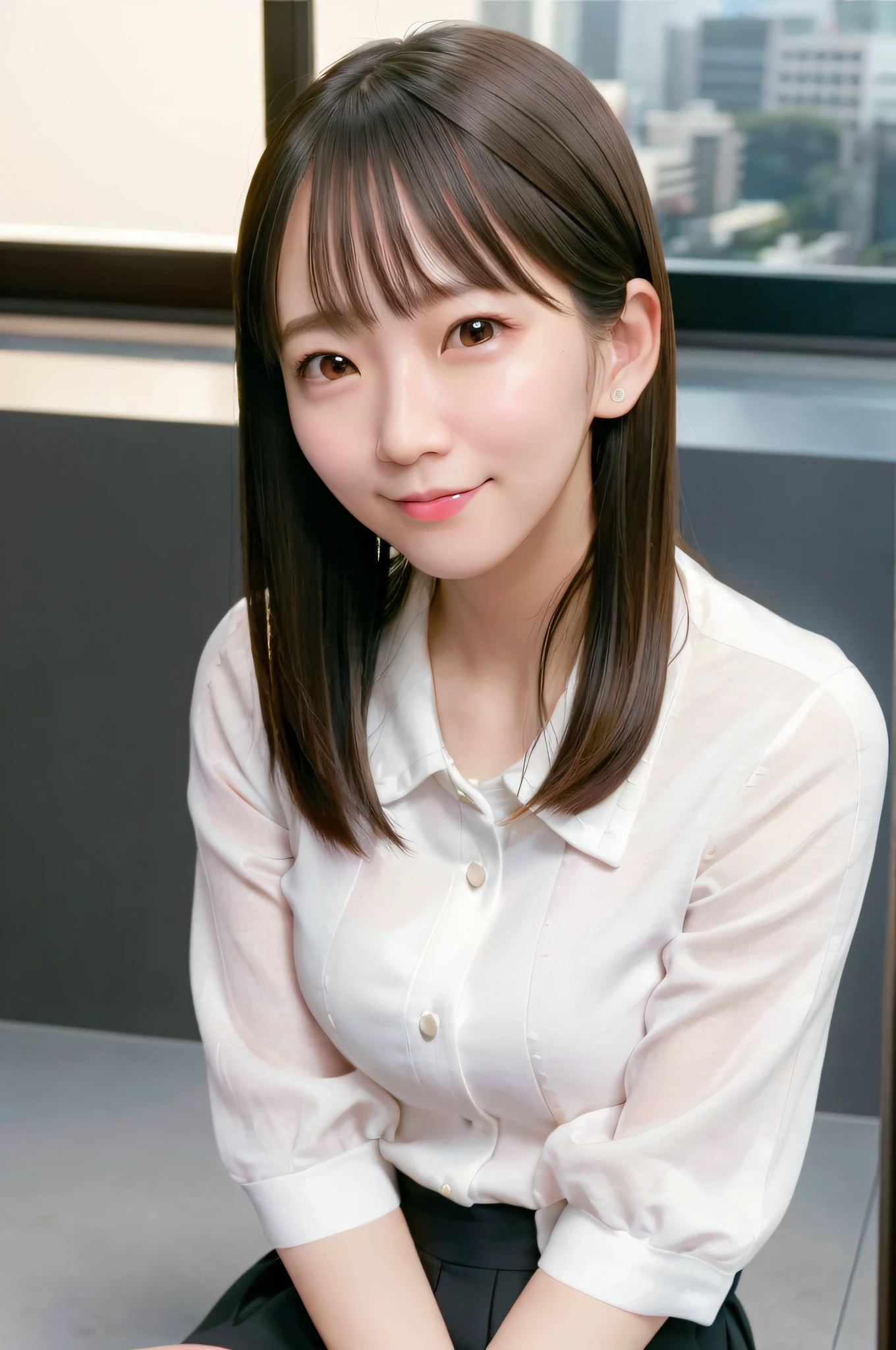 (skin spots: 1.2), (skin dentation), Black eyes, 1 female, 25 years old, ((Female))), Solo, Real, Top quality, Photorealistic, Masterpiece, 8K, High resolution, Solo, Very detailed face, (Professional lighting, bokeh), (Light particles, lens flares, glowing particles: 0.6), (Dynamic Pause: 1.2), Soft lighting, Top angle view, fashionable and trendy, Japan, street, Tokyo, city, (daytime)), sky, ((view viewer:1)), (look at camera),(portrait:0.6), cowboy shot, gorgeous, standing, keep original facial proportions, wide shoulders, full body, (small breasts), (medium hair), brown hair, floating hair, lips, lipstick, seductive smile, floating hair, smile, open_ mouth, teeth, (white blouse), (jumper skirt), eyelashes, mole, (mole under eyes:1),Japan high school student,uniform,