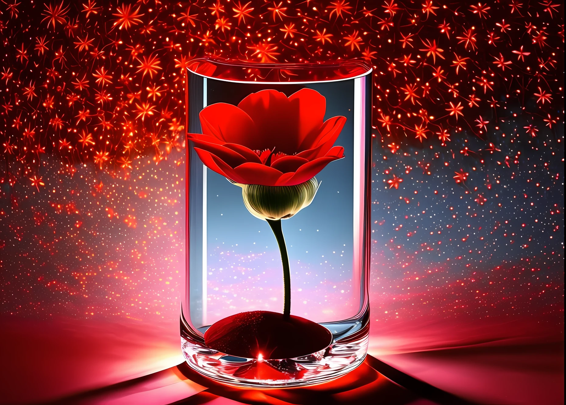A red flower inside a glass rectangle illuminated by the moon --auto --s2