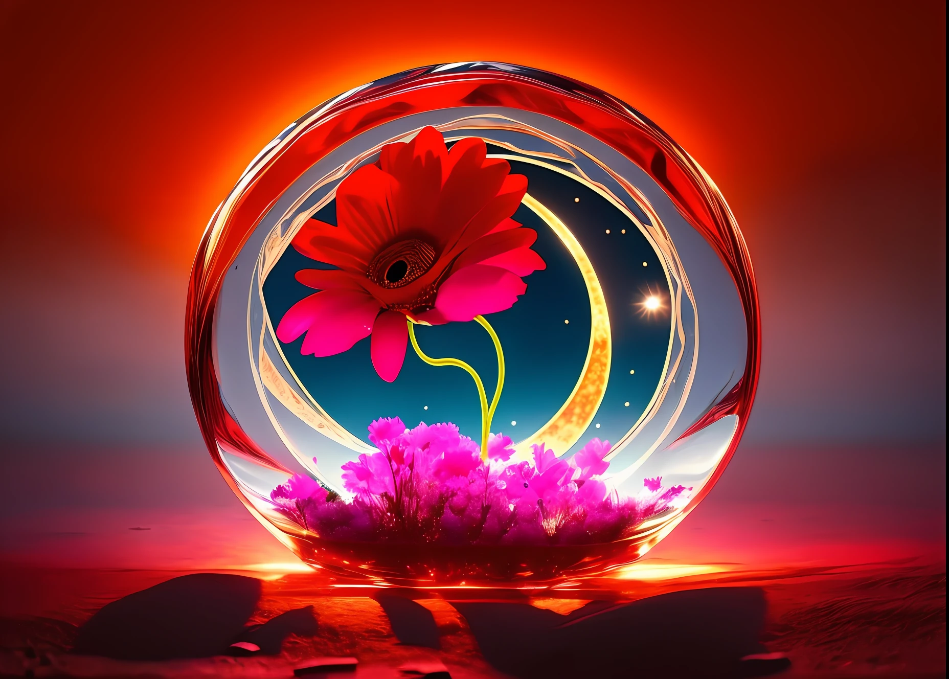A red flower inside a glass rectangle illuminated by the moon --auto --s2