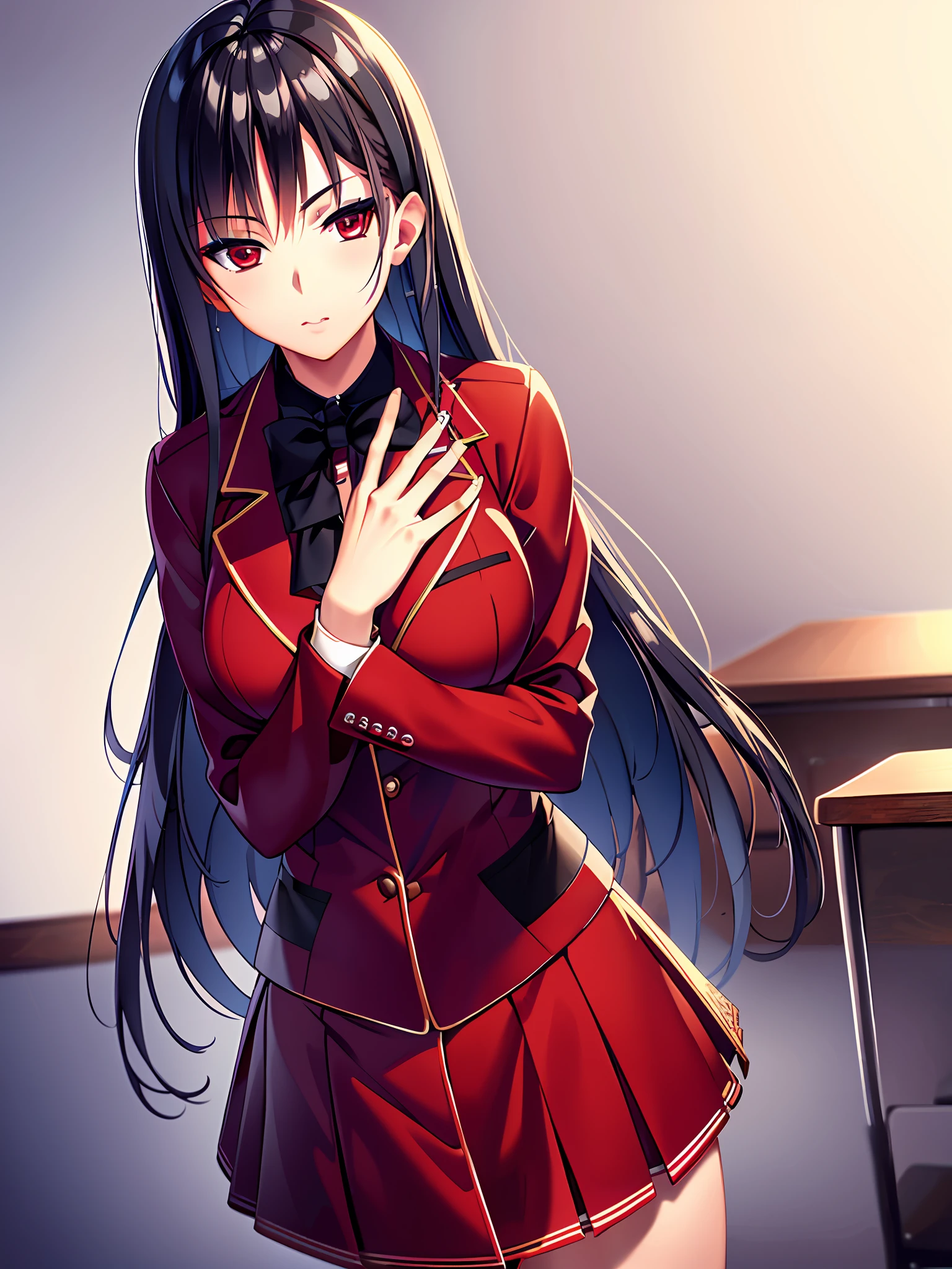 a woman in red school uniform,black hair, red eyes, classroom
masterpeace, best quality, (extremely detailed CG:1.4), highly detailed faces