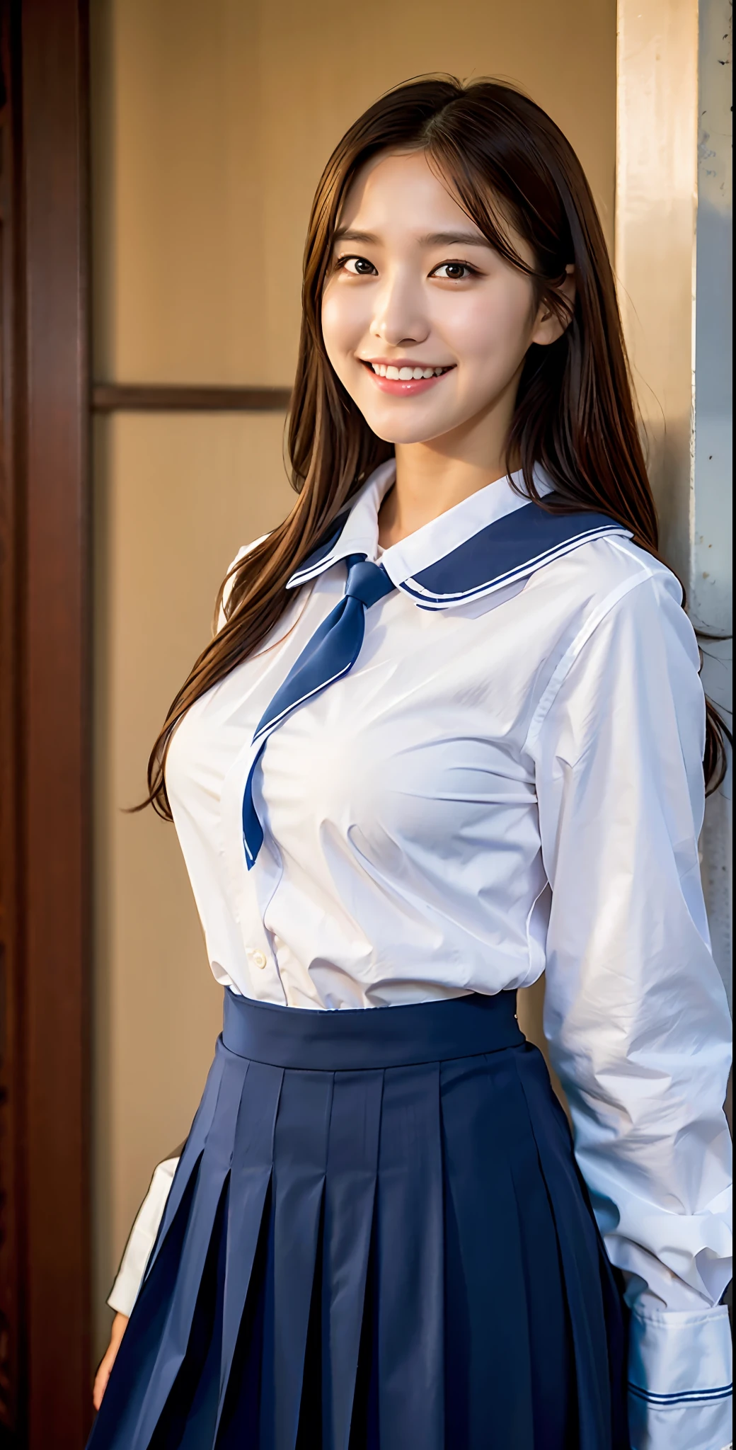 ulzzang-6500-v1.1, (Raw photo:1.2), (Photorealistic:1.4), Beautiful detailed girl, Very detailed eyes and face, Beautiful detailed eyes, Huge file size, (Big), High Resolution, Very detailed, Best quality, [Masterpiece:1.6], [JK Uniform], Illustration, Very detailed, CG, Fine detail, Best quality, Highly detailed CG uniform 8k wallpaper, movie lighting, 1 girl, 17 years old, (without bra), beauty big, no bra, camel toe, cute Japan high school girl, perfect figure, [show bra], [white school blouse unbuttoned], big taut breasts, [big: 1.6], cute droopy eyes, beautiful big eyes, nice smile, White school blouse and navy blue skirt, [no jacket], dynamic pose