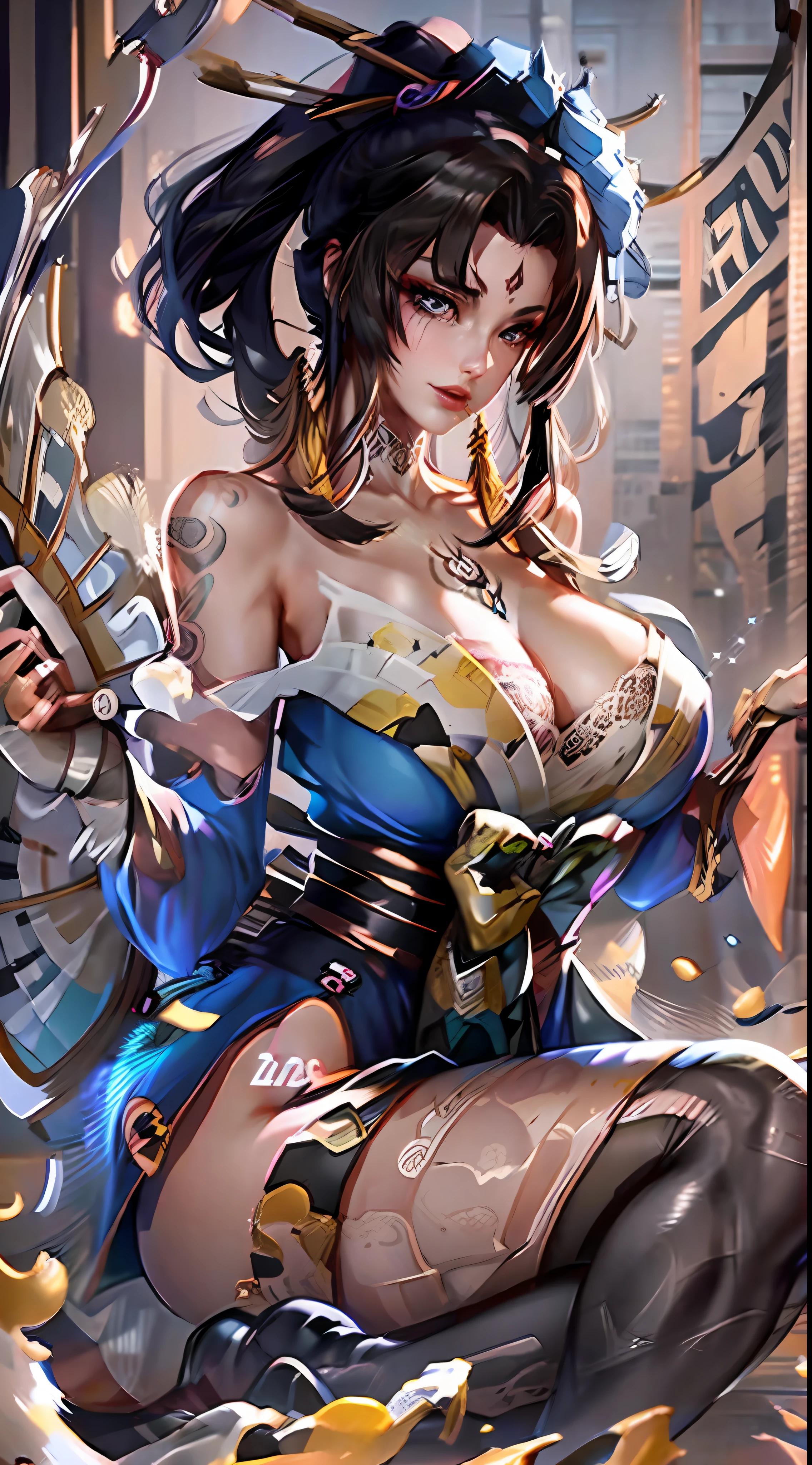 KOF:Mai Shiranui ,((##irezumi covered the full body##, tattoo, ~+ irezumi,)), (Wearing lace Leopard_pantyhose ,mesh transparent sleeveless shirt, mesh T-shaped skirt, ),squatting cowgirl position,Masterpiece,best quality,perfect artwork, (Proud female body),(huge breast),(Charming cleavage),(A seductive gaze), Pink lips,Finger details, magic hour, Rembrandt lighting, front lighting and fill lighting, hard shadow, Arnold render,3DCG,8K,zoom out,