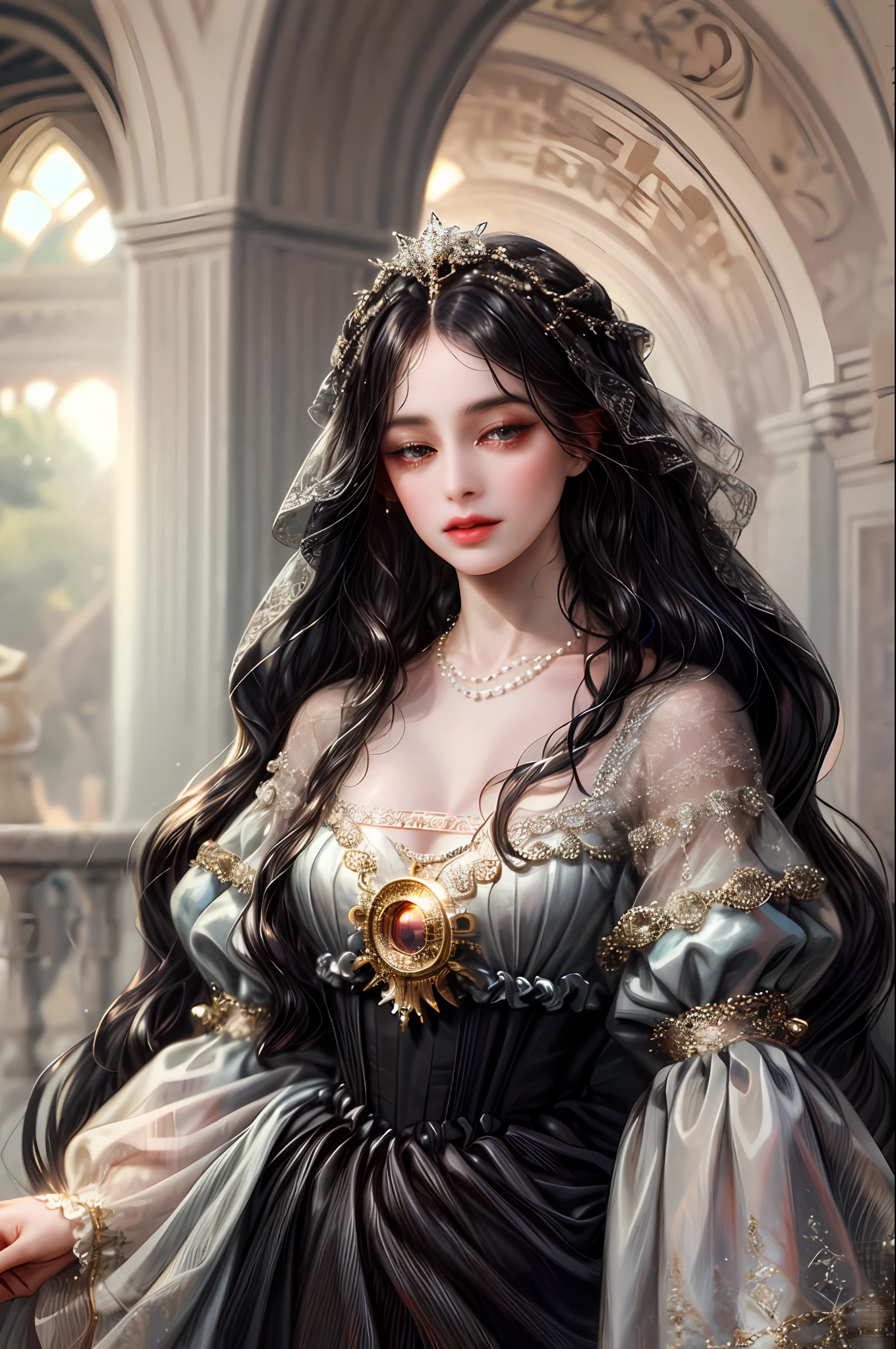 (  Absurdly , High quality , ultra detailed ) , 1girl, solo, mature, (very long hair, black hair), beautiful crystal eyes ( eye detailed ) Baroque, Necklace, long dress, long sleeve, elegant, colorful, highest detailed, upper body