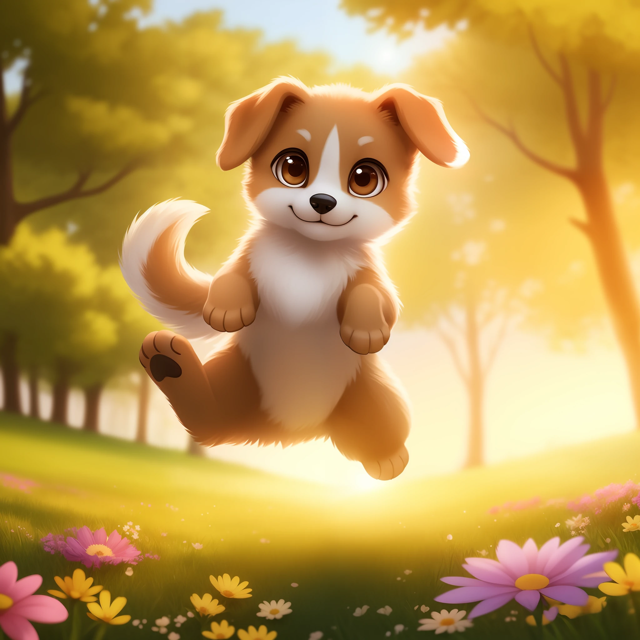 Create a photo of a cute dog, with exceptional quality, soft lighting, dynamic pose, blurred background and at an intriguing angle. The dog should be of small breed, with expressive brown eyes and a graceful smile. The setting should include natural elements such as grass, flowers and trees, with a touch of subtle magic. The image should have a cozy and nostalgic air, as if it were a fond childhood memory.
