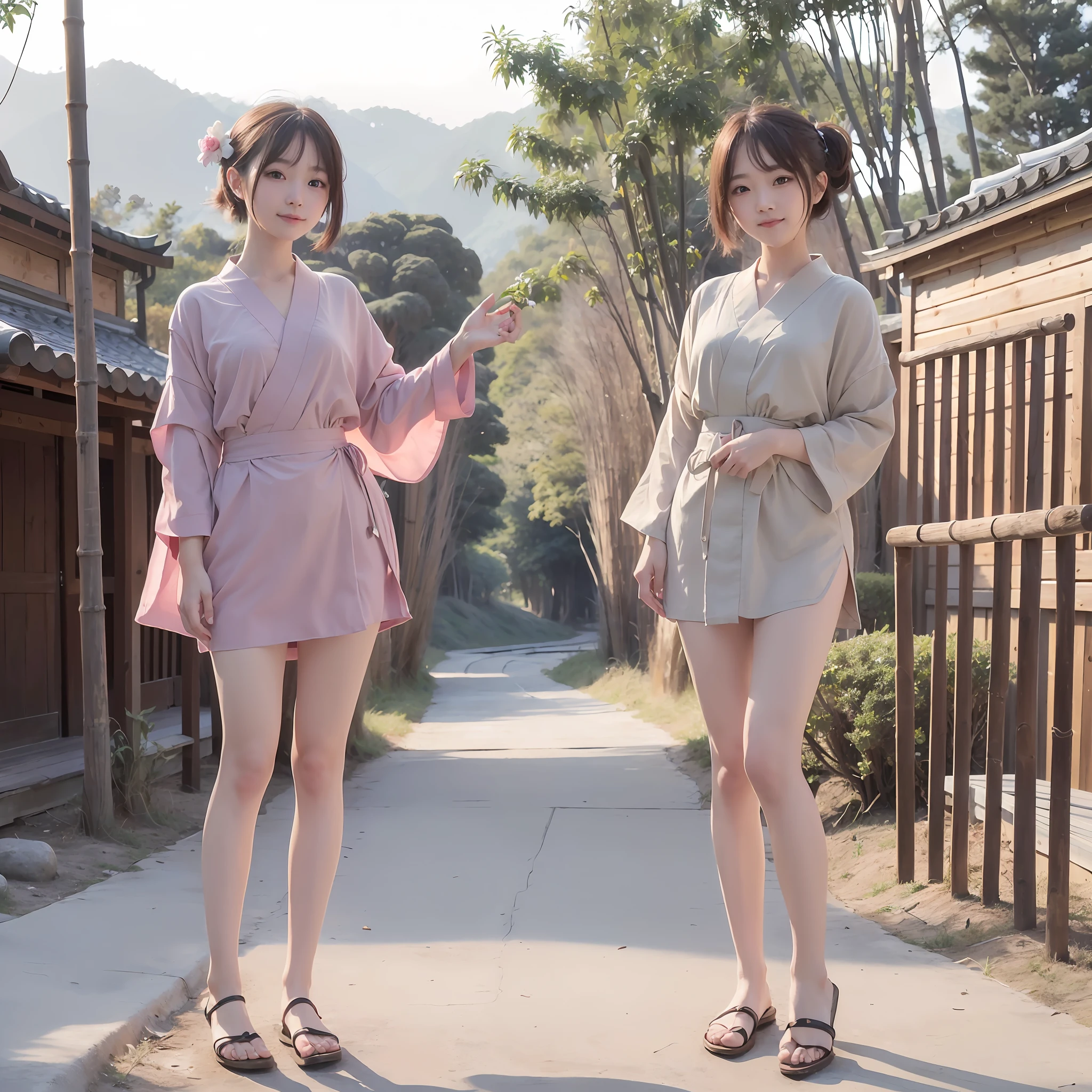 (Masterpiece), Highest Quality, Excellent Anatomy, Shuimovi Sim, (1 Girl: 1), (Full Body), (Smile), Short Hair, (Hanfu), (Etch 0.5), (Wood: 0.5), (Flower: 0.6), (Wooden House: 0.2), (Bamboo Forest: 0.2), (Stream: 0.2), (River: 0.2),