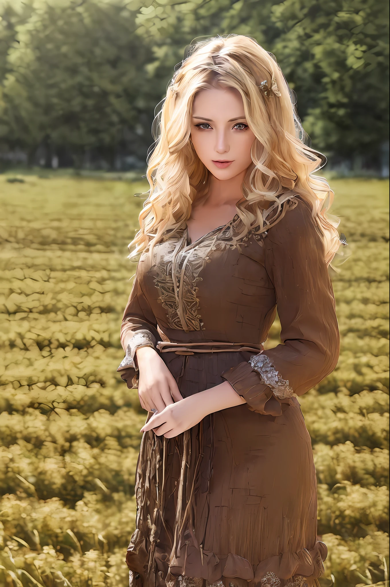 ((((Woman in rustic dress working in the field))))high quality, best quality, photo-realistic, raw-photo, realistic, ultra realistic 8k cg, ultra-detailed, high definition, masterpiece, 1girl, long hair, blonde hair, blue eyes, detaile face and eyes, close-up, intricate details, detailed texture, finely detailed,