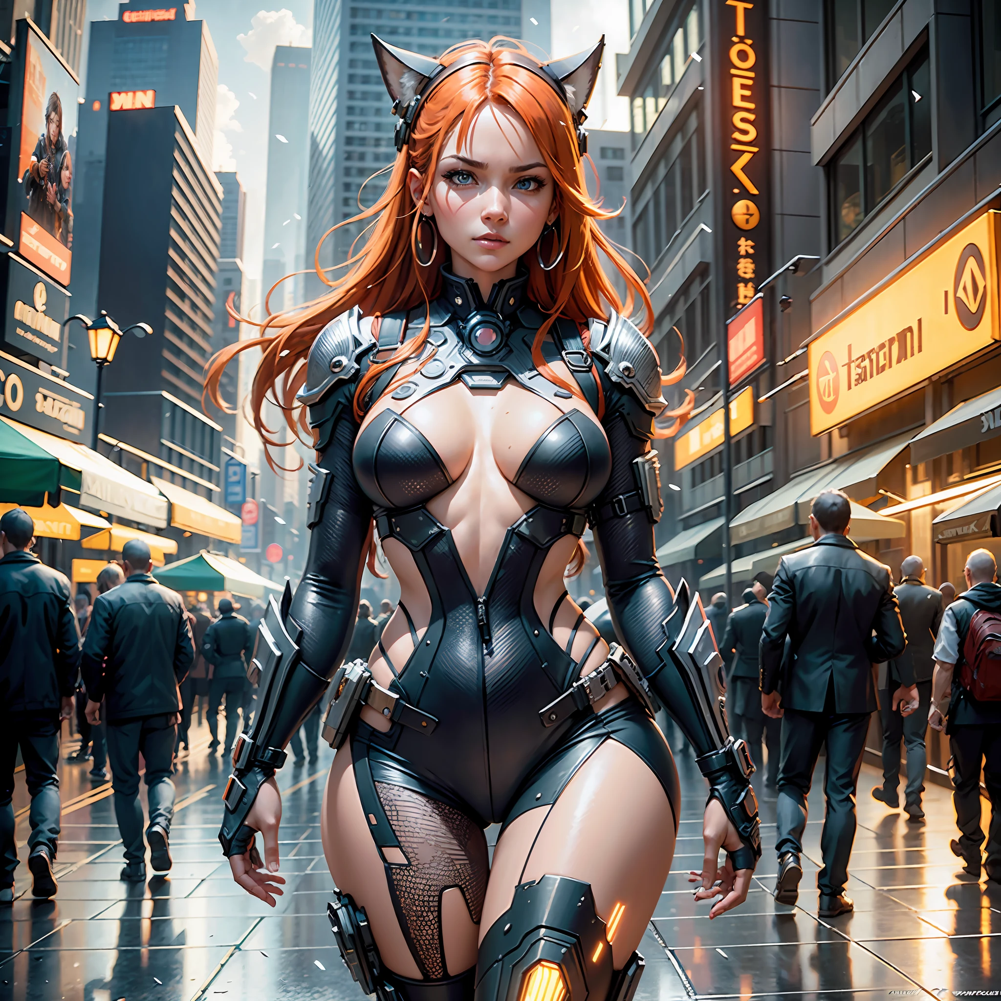 cyberpunk ginger vixen at central plaza of post apocalyptic city, Light field photography, wide angle lens f/2.8, ultra insane high resolution intricate textures, texture indentation, 32k raw professional photo, perfect perspective, perfect geometry, ultra insane ambient lighting, ultra insane ambient shadows, luminism, ultra intricate, detailed ultra busy background, bouncing lighting, tessellation, ultra maximalism, IPA Award wining masterpiece, art by Afremov, Kashin, Aenami, Jeremy Mann, warm positive professional photo, IPA awards winner, haselbland awards winner, a ultra detailed ultra busy modern city main street, street market, very warm pink-orange colors, octane render, global illumination, intricate details, insane details, 23mm lens, sharp focus, art by Nicolas Poussin, perfect weights, perfect shadows, perfect geometry, perfect lighting, perfect textures, perfect shapes, perfect detail, intensive details, perfect post processing, perfect weights, every part of picture is perfectly detailed and sharp, perfect composition, sharp detailed background, very detailed world, busy image, ultra professional CGI, global illumination, whole picture is detailed and focused, perfect perspective, perfect light reflections, RTX, perfect ambient occlusion, perfect vfx, digital blending, luminosity masks, HDR post-processing, perfect objects positioning, professional VFX, ultra quality, 32k resolution, all objects perfect shape, all object as in real world, cinematic , spectacular, crowded , perfectly tunned, settings from Alchemy, photo by Steve McCurry insane detail, hypewrdetailed, intricate details, world indentation. intricate perfection, intricate best geometry, best volumetric effects, best possible quality, art by Wadim Kashin, art by greg rutkowski, art by Albert Bierstadt, luminism, art by Ilya Repin, 400 ppi