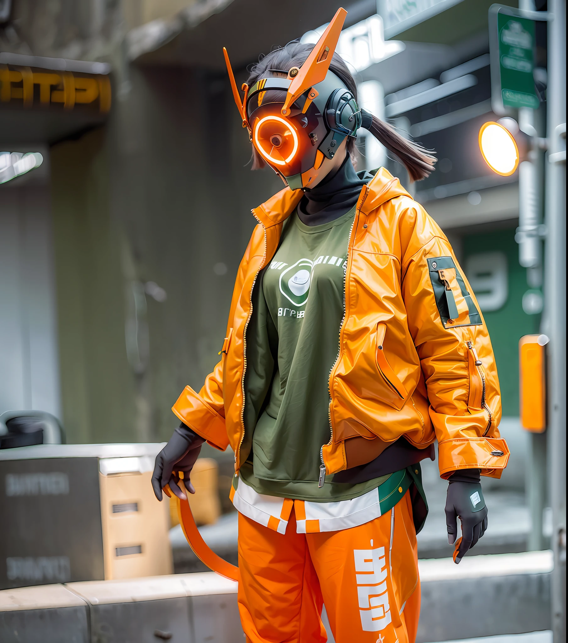 original, masterpiece, best quality, a cyborg woman in a green circle light up cyberhelmet with orange ears, wearing orange jacket, sunny day, on the street