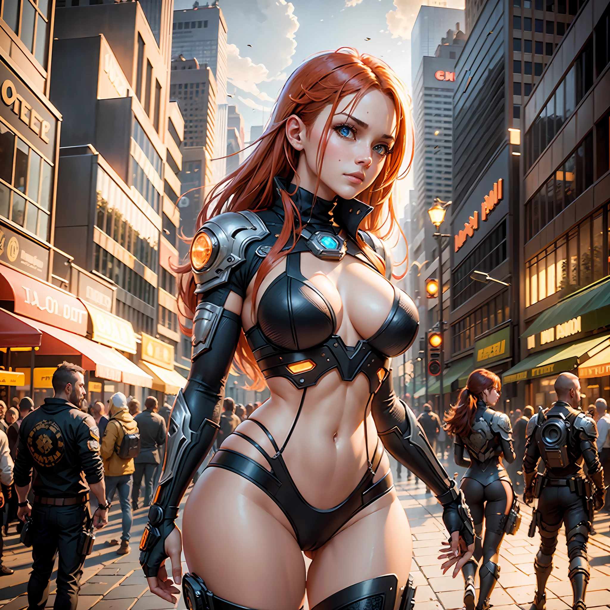 cyberpunk ginger vixen at central plaza of post apocalyptic city, Light field photography, wide angle lens f/2.8, ultra insane high resolution intricate textures, texture indentation, 32k raw professional photo, perfect perspective, perfect geometry, ultra insane ambient lighting, ultra insane ambient shadows, luminism, ultra intricate, detailed ultra busy background, bouncing lighting, tessellation, ultra maximalism, IPA Award wining masterpiece, art by Afremov, Kashin, Aenami, Jeremy Mann, warm positive professional photo, IPA awards winner, haselbland awards winner, a ultra detailed ultra busy modern city main street, street market, very warm pink-orange colors, octane render, global illumination, intricate details, insane details, 23mm lens, sharp focus, art by Nicolas Poussin, perfect weights, perfect shadows, perfect geometry, perfect lighting, perfect textures, perfect shapes, perfect detail, intensive details, perfect post processing, perfect weights, every part of picture is perfectly detailed and sharp, perfect composition, sharp detailed background, very detailed world, busy image, ultra professional CGI, global illumination, whole picture is detailed and focused, perfect perspective, perfect light reflections, RTX, perfect ambient occlusion, perfect vfx, digital blending, luminosity masks, HDR post-processing, perfect objects positioning, professional VFX, ultra quality, 32k resolution, all objects perfect shape, all object as in real world, cinematic , spectacular, crowded , perfectly tunned, settings from Alchemy, photo by Steve McCurry insane detail, hypewrdetailed, intricate details, world indentation. intricate perfection, intricate best geometry, best volumetric effects, best possible quality, art by Wadim Kashin, art by greg rutkowski, art by Albert Bierstadt, luminism, art by Ilya Repin, 400 ppi