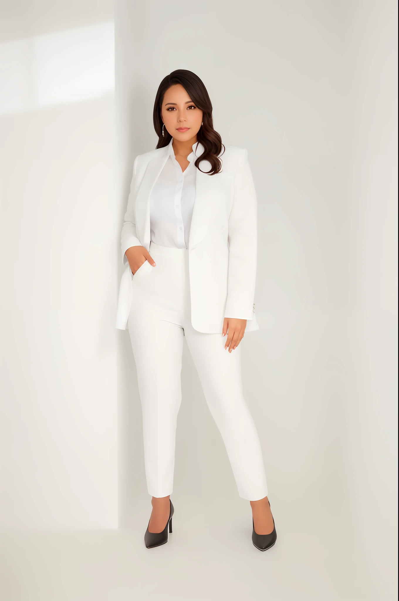 a woman in a white shirt and black pants posing for a picture, casual business outfit, portrait full body, full body picture, business outfit, outfit photograph, full body photograph, by Olivia Peguero, full body full height, office clothes, by Judith Gutierrez, full body with costume, business clothes, by Rhea Carmi, by Marshall Arisman, fullbody