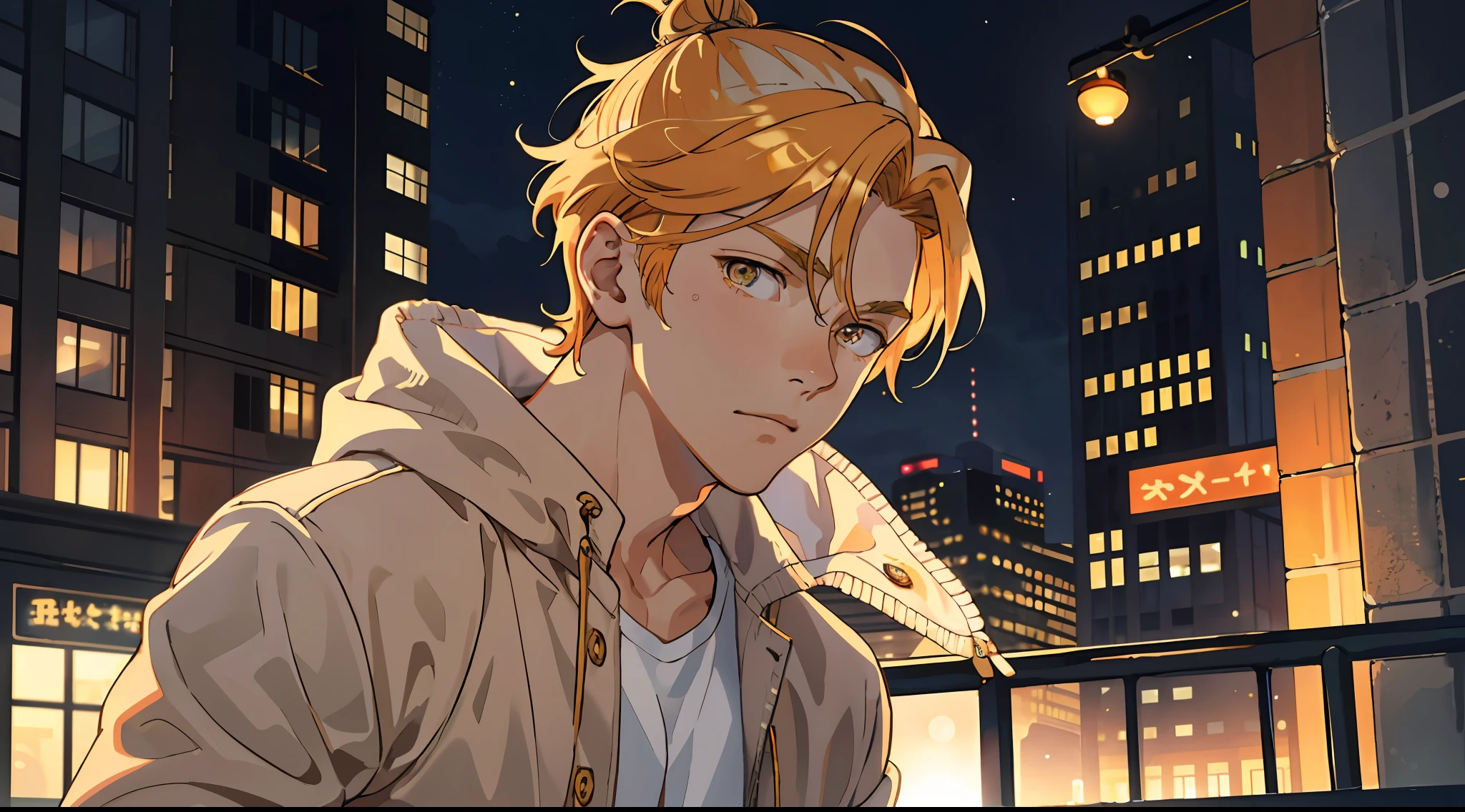 masterpiece, best quality, 1 male, adult, orange-blonde hair, musician, soft features, playful expression, ((golden eyes)), soft eyes, ((short hair)), ((man bun)), uhd, perfectly photorealistic, ((modern)), ((modern clothing)), city background, city background, soft boy, black sweatpants, cozy, pretty boy, (loose clothing), soft expression, calm expression, soft lighting, upper body focus, detailed eyes, detailed face, blush, ((lose clothing)), close up, kawaii, soft features, muscular build, soft masculinity, round face, orange lighting, (evening), sunset, romantic lighting, ((loose flanel))