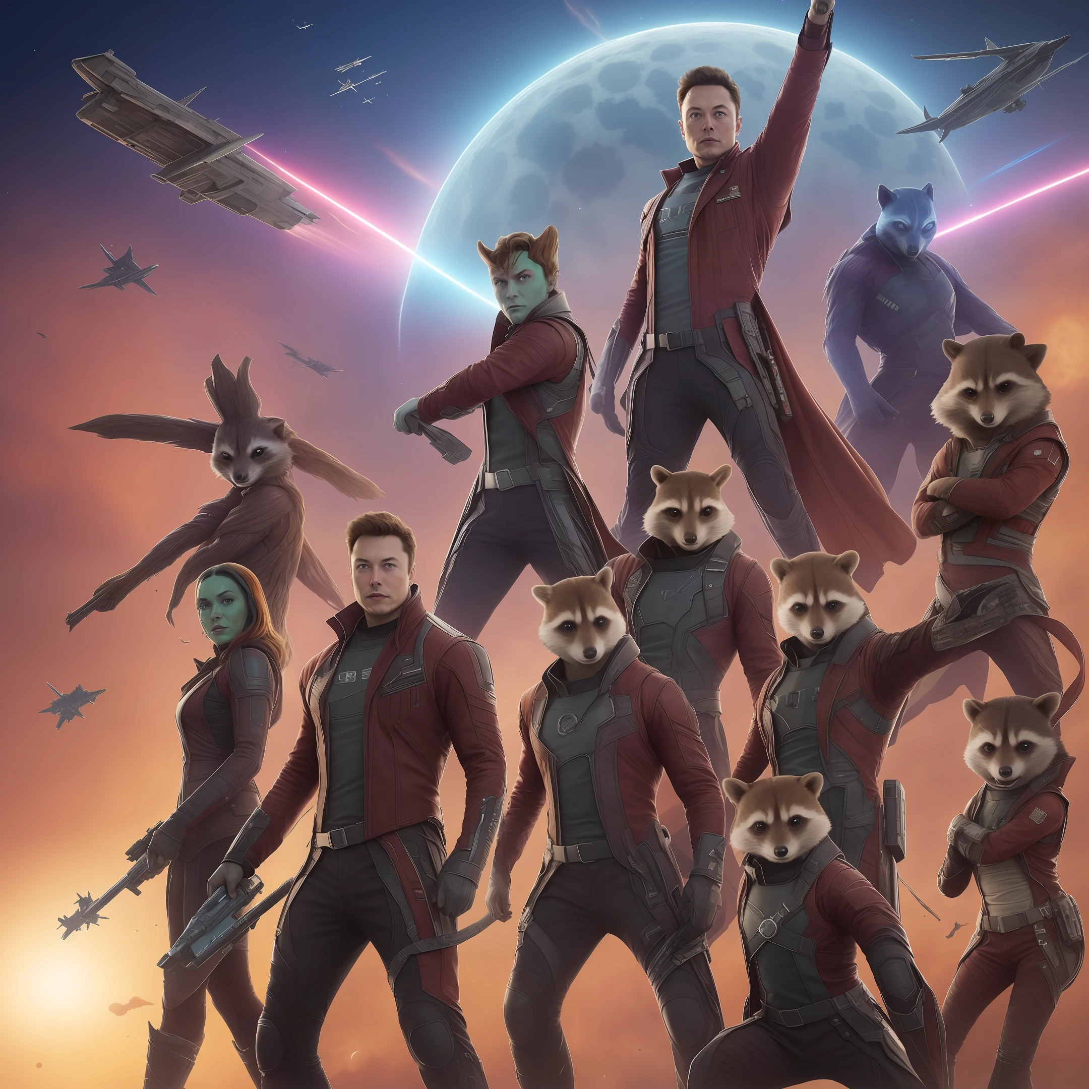 Elon musk wearing costume of the guardians of the galaxy flying to the moon with the character from the movie Rocket Raccon