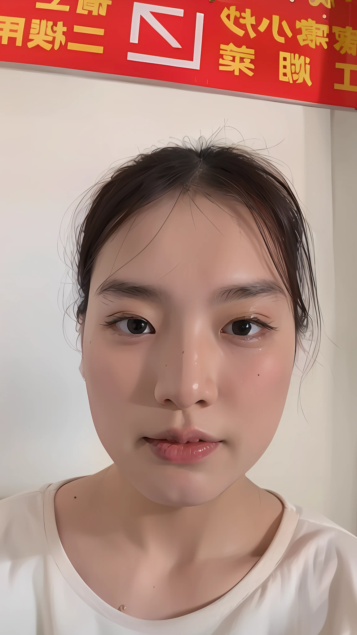 There is a woman wearing a white shirt and red logo, Southeast Asian, round face, Korean symmetrical face, face picture, round face, Asian face, face accurate, super high face symmetrical, soft eyes, narrow chin, narrow nose, round cheeks, pale round cheeks, wide face, symmetrical facial features, small round face, change into fashionable hairstyle, wearing long skirt, fashion magazine cover style