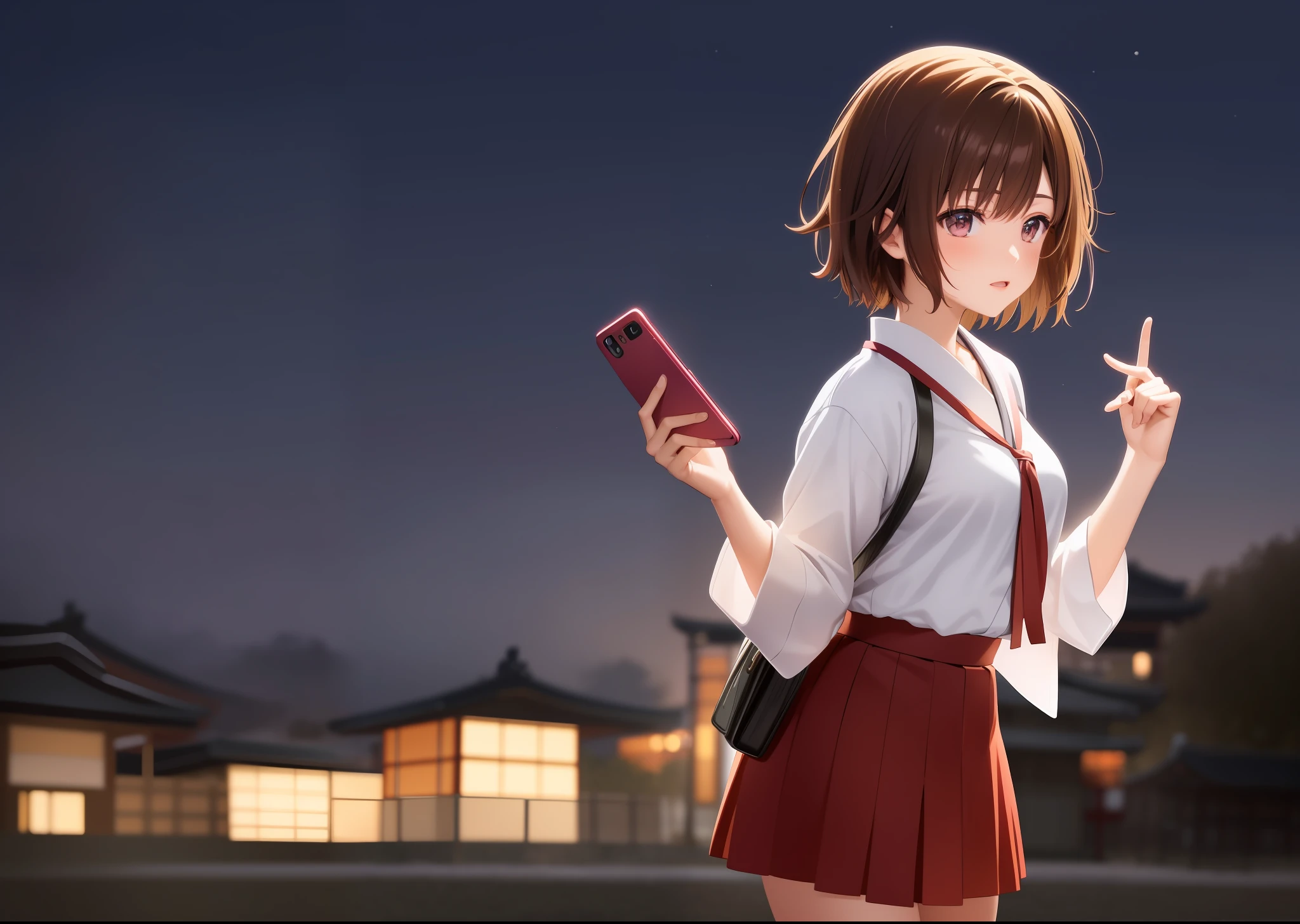 Japanese high school girl holding glowing phone screen in hand, night scene background, Kyoto anime style, Shinkai Makoto anime style, Japanese, brown hair girl standing in front of the blurred glowing city night scene wearing Japanese high school uniform.
