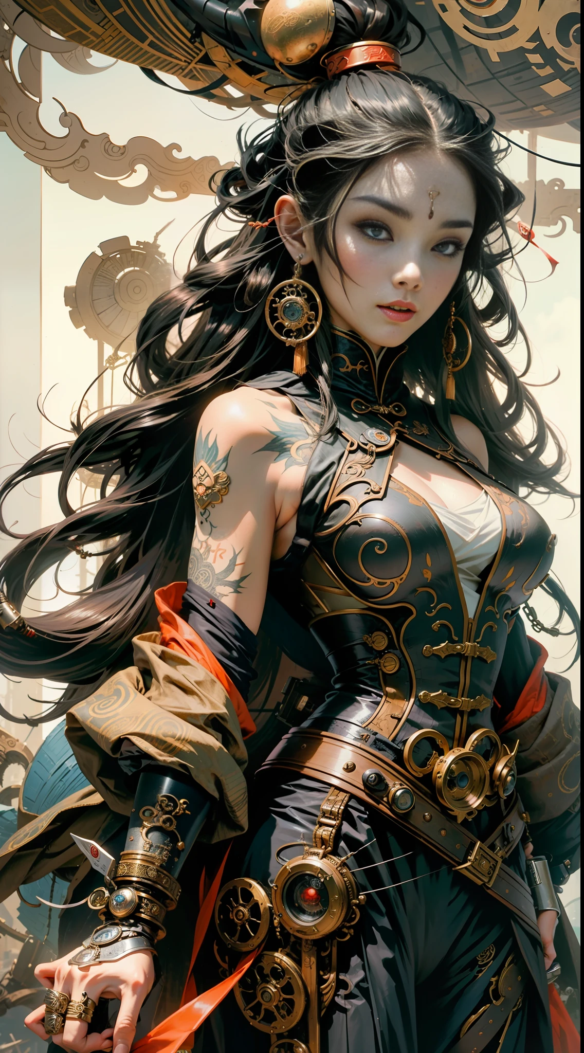 wuxia,1female,steampunk,(extreme detailed),illustration