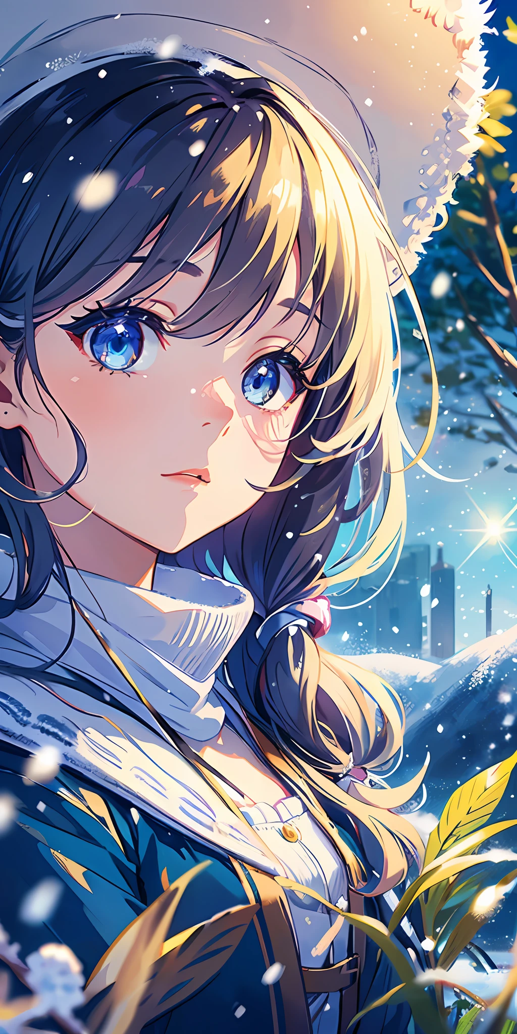 fresh cute,dream,character portrait,(upper body),(bust),(nature),beautiful detailed girl, extremely detailed eyes and face, beautiful detailed eyes,detailed light, cinematic lighting, lens flare, light leaks, sunlight , shine , beautiful detailed glow,((cuteg)),(1girl),solo,perspective,((character portrait)),field,(((day))),((younger)),river,(lake),((snow shelter)),((snowing)),wind