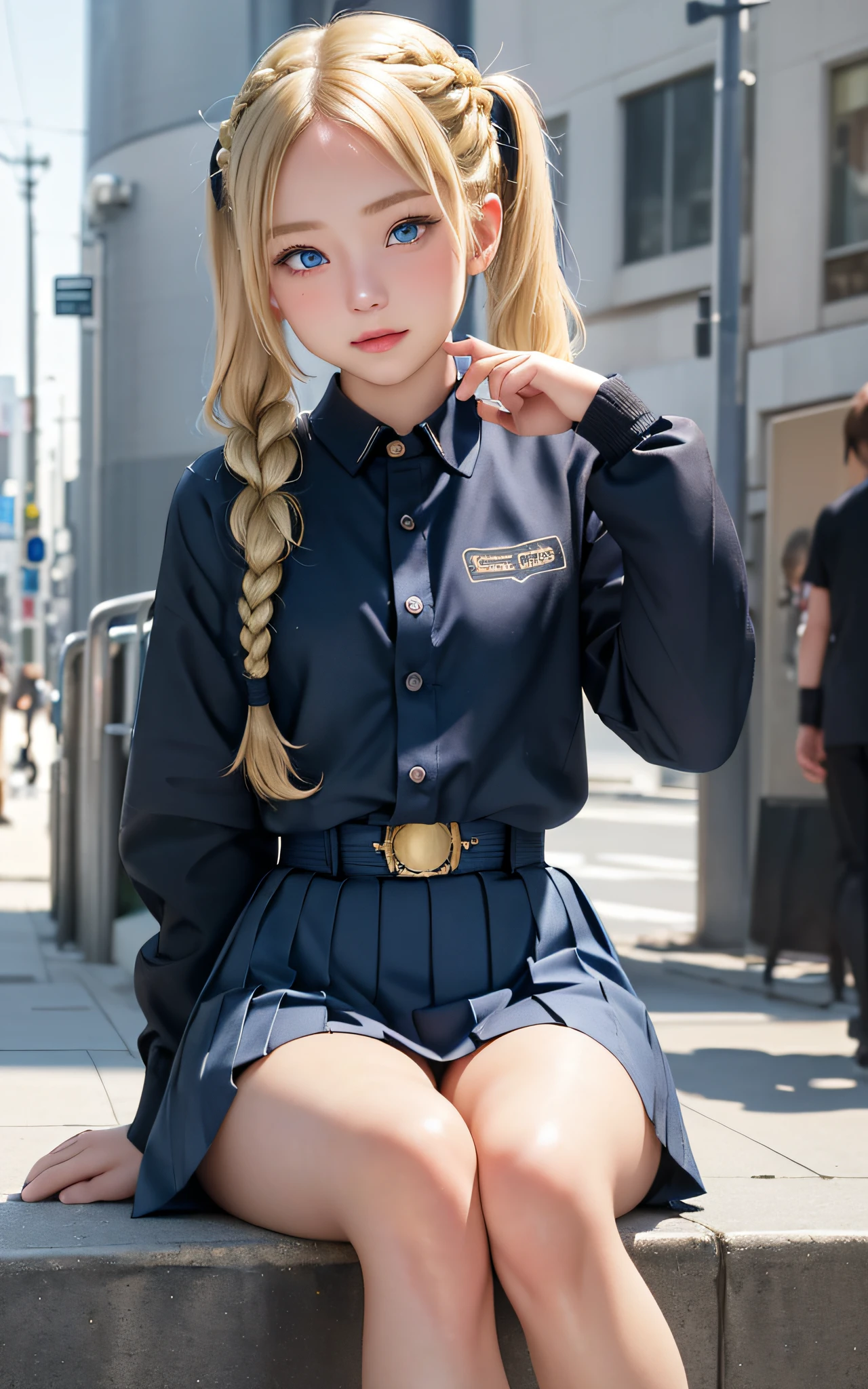 (Beautiful blonde, dark blue and beautiful eyes, small, 18 years old, thin waist, pigtails, thick braid, happy), sitting, legs raised, upper eyes, model pose, background is Shibuya, uniform, street snap, (masterpiece), ((highest quality)), (super detailed), girl, clean and detailed face, five fingers, textile shading, perfect human structure, perfect anatomy,