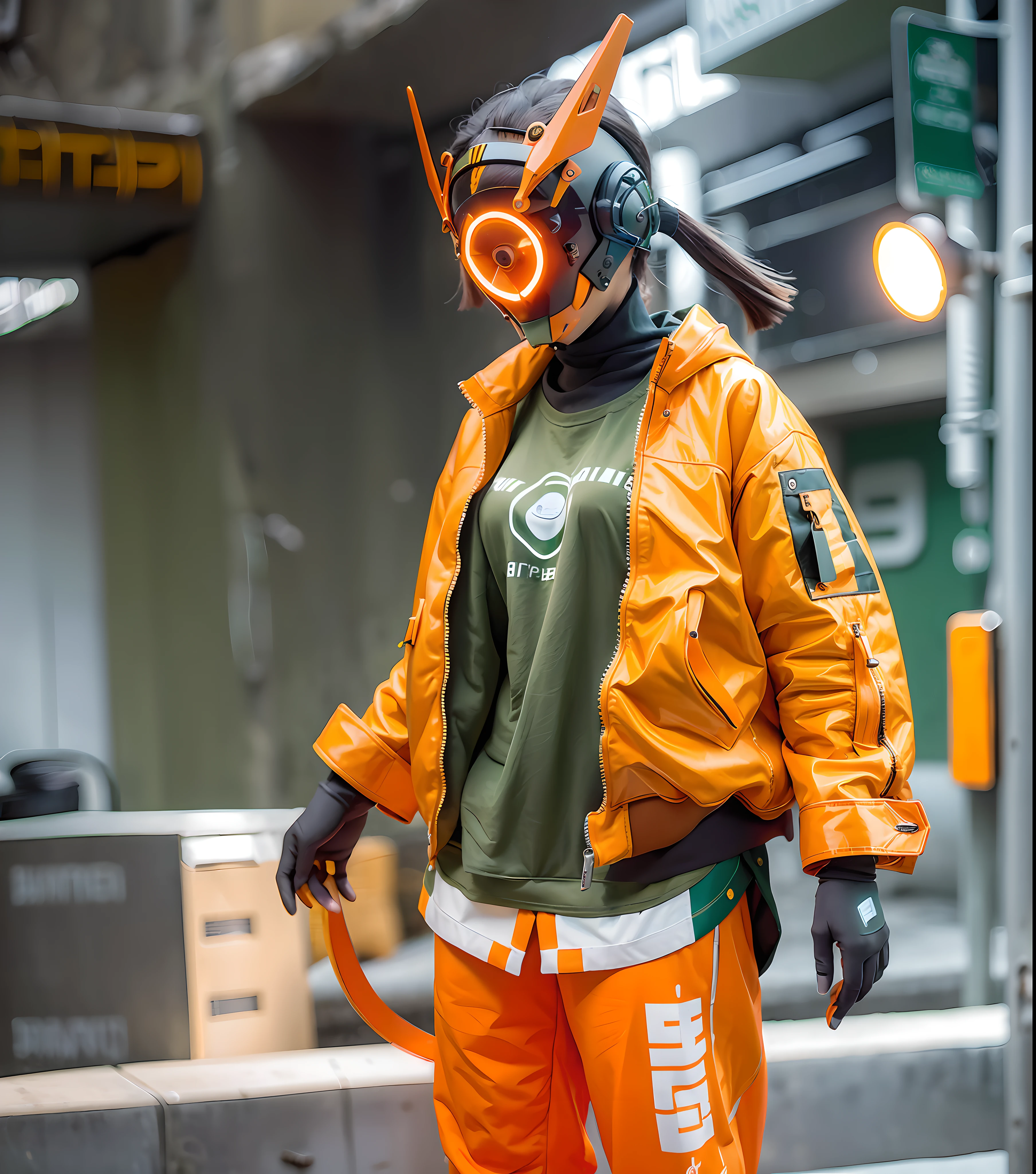 original, masterpiece, best quality, a cyborg woman in a green circle light up cyberhelmet with orange ears, wearing orange jacket, sunny day, on the street