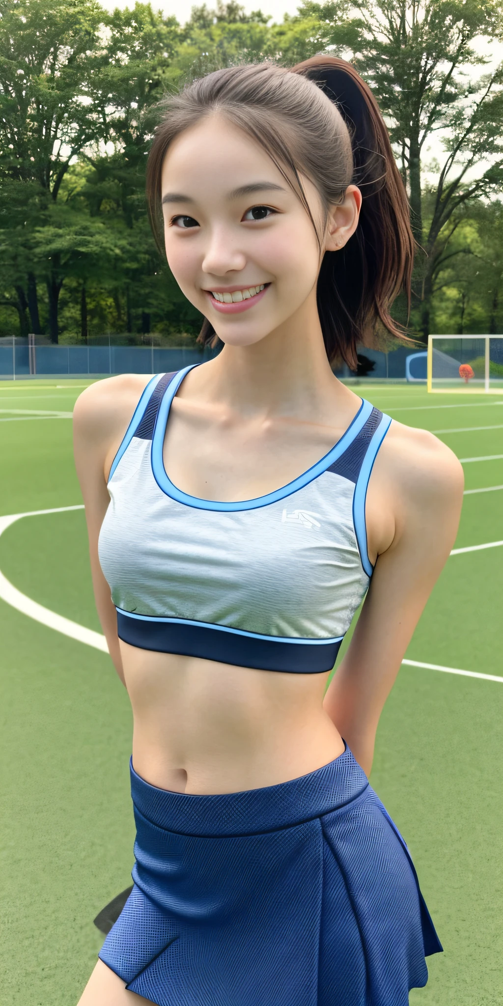 Neat college girl, ite person, (skirt, sports bra), outside the athletic field, (slim), photorealistic, detail, skin texture, ultra detail, delicate sexy collarbone, smile, super detailed face, detailed lips, detailed eyes, small breasts, small, small breasts, small, flat breasts, flat