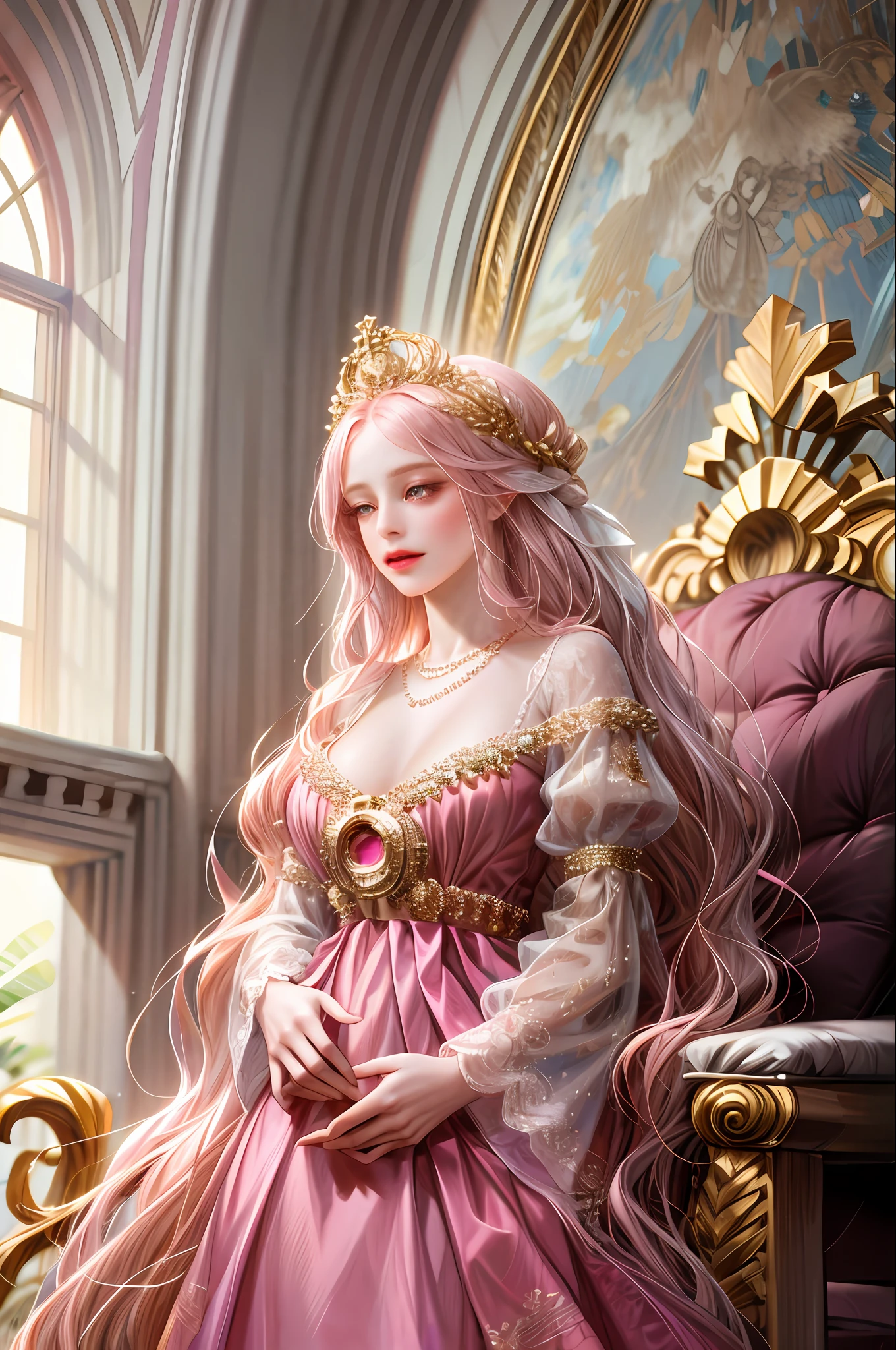 (absurdres, highres, ultra detailed), 1girl, solo, mature, (very long hair, pink hair), Baroque, Necklace, long dress, long sleeve, elegant, colorful, highest detailed, upper body