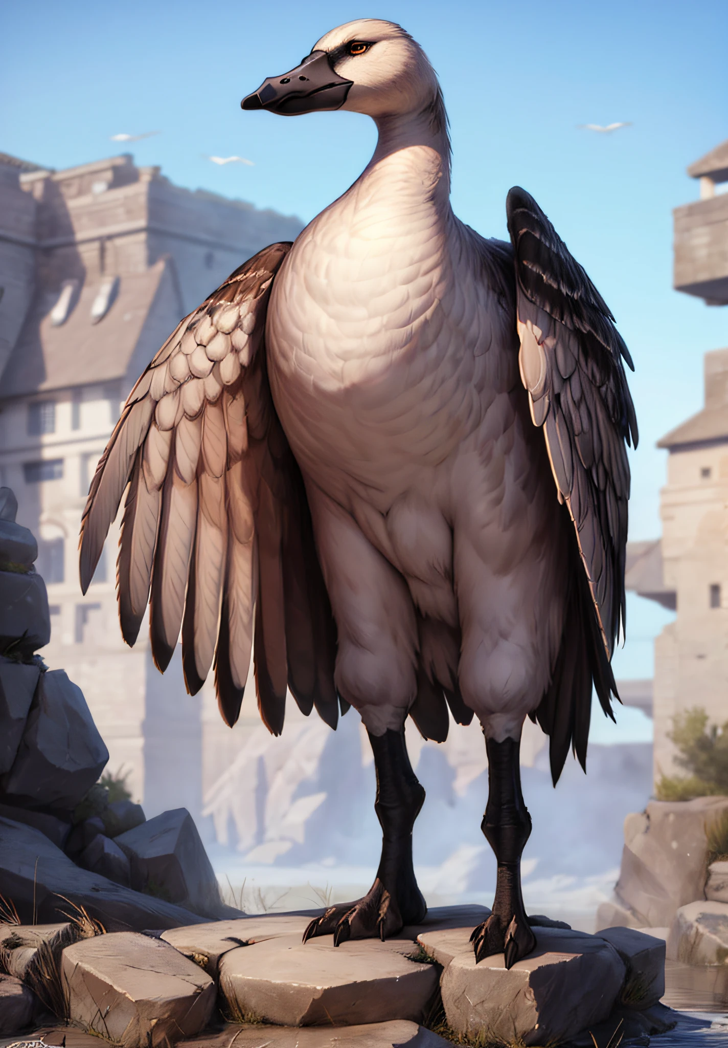 3d furry goose, powerful and fearless, large and with baggy and realistic clothes, realistic HD 3d style, clear background, front and wide view, overwhelmingly realistic, perfect 3d wallpaper image."