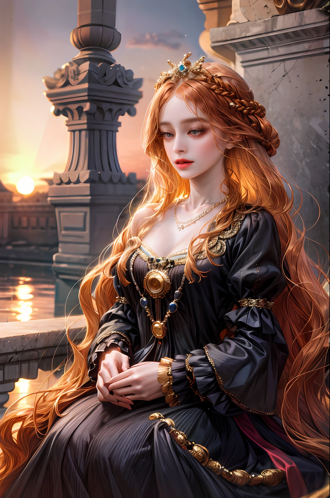 (absurdres, highres, ultra detailed), 1girl, solo, mature, (very long hair, sunset hair), Baroque, Necklace, long dress, long sleeve, charming , colorful, highest detailed, upper body, outdoors