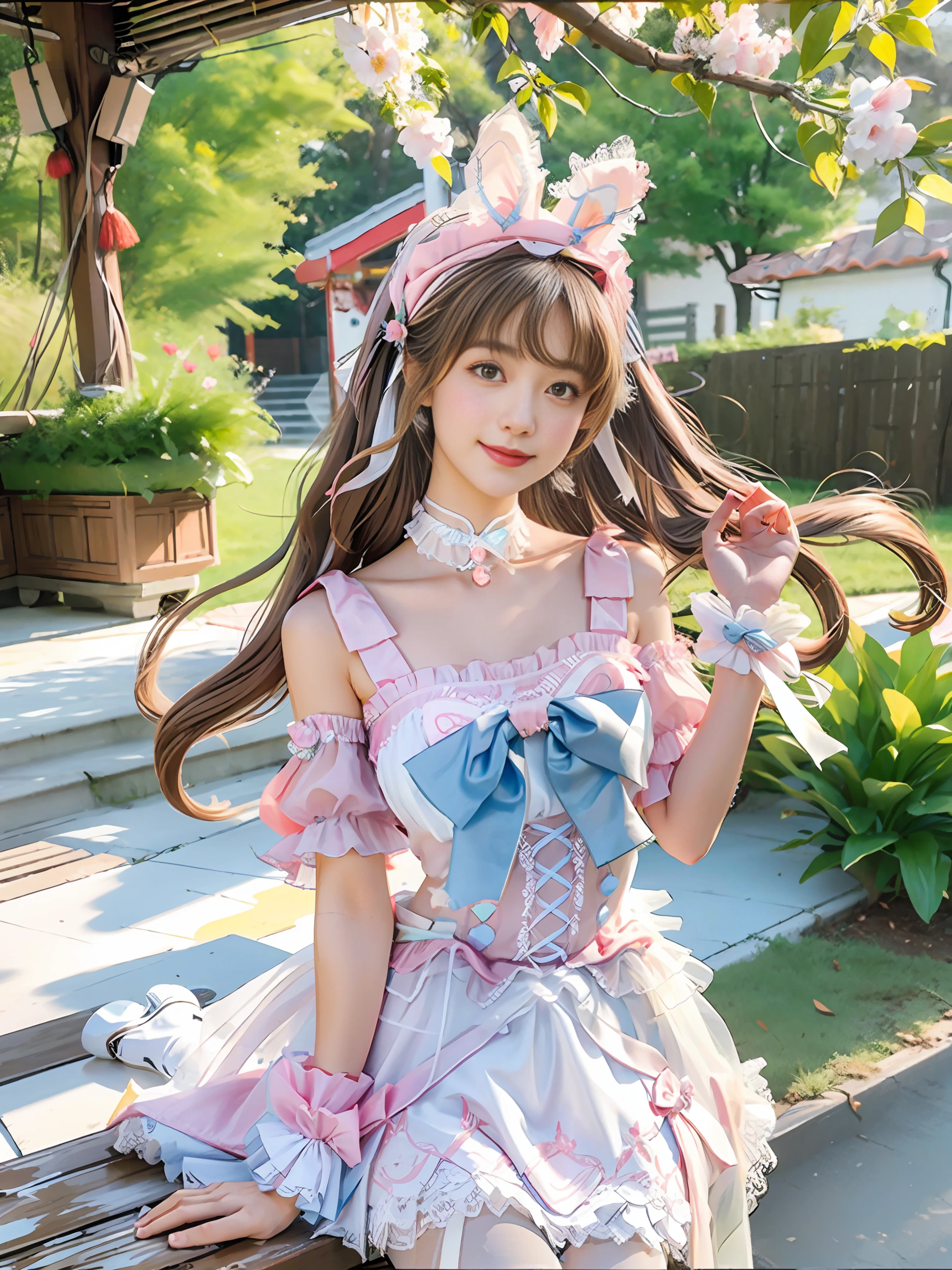 (Ultra-realistic 8K.) CG: 1.1), Perfect artwork, Sunshine, (looking at the audience), Masterpiece, (Perfect NwsjMajic:1.6), (Perfect face in painting: 1.3), (Beautiful face: 1.2), (Delicate facial features: 1.2), (Chinese girl: 1.5), Happy, (Fine eye: 1.3), (25 years: 1.5), (Solo: 1.5), Bloom, Wide buttocks, Slim, Blush, Flower, (smile: 1.3), Long brown hair, Medium breasts, (Long flowing hair: 1.3), (Whole body: 1.6), (Radiant Garlic: 1.3), (Clear Fingers: 1.3), (sweet_lolita: 1.3), Wind Blowing Skirt and Hair, Colorful Clothes, ((White Pantyhose))