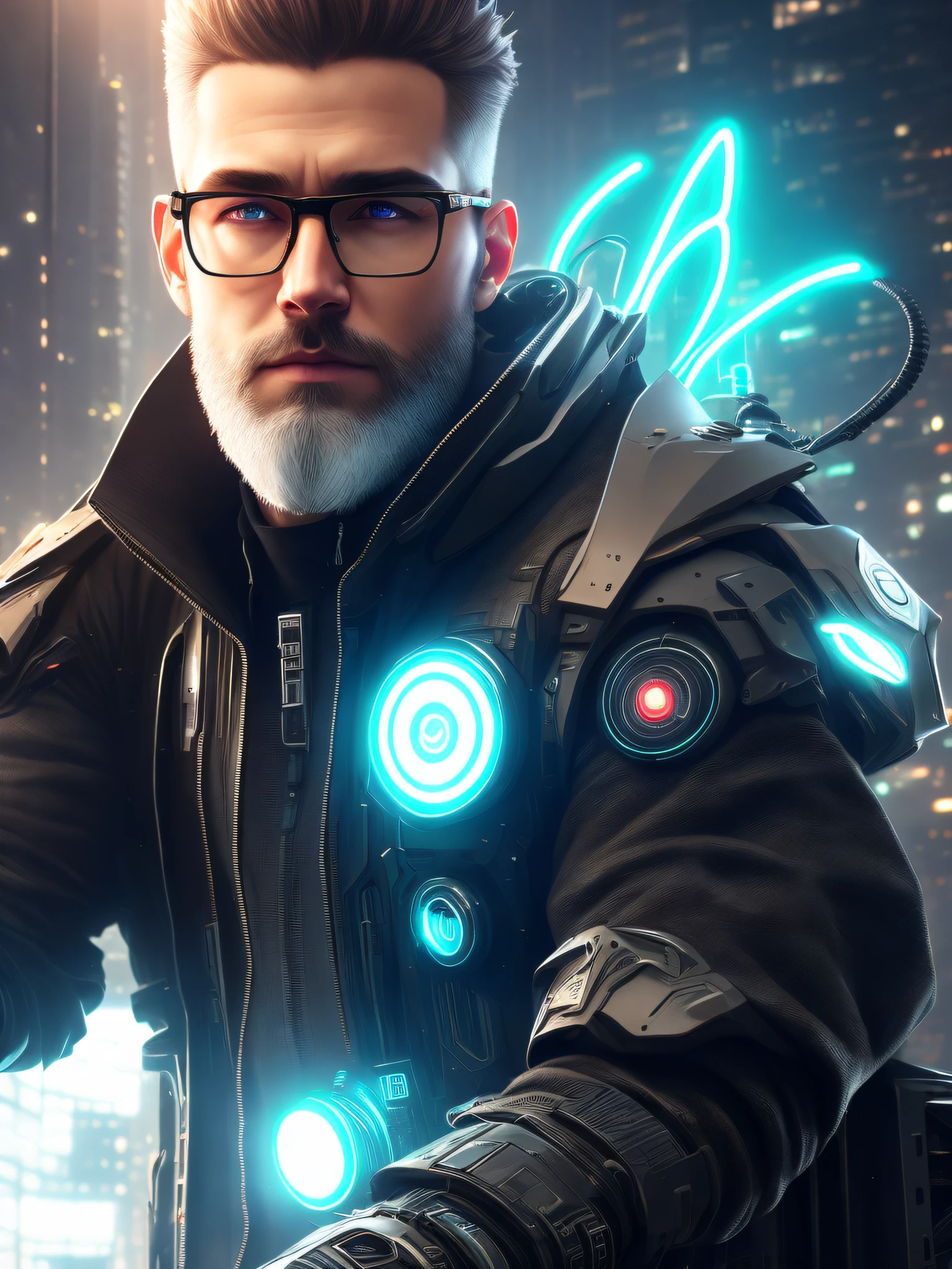 (extremely detailed CG unit 8k wallpaper), (masterpiece), (best quality), (realistic), white man with low beard, cyberpunk, angel, light brown hair, thin beard, glasses with lights, darkness, computers, cybernetic look, night, cyberpunk clothing, neon lights, flying, beautiful and detailed lighting, shadows, dreamlikeart, samdoesart, kuvshinov