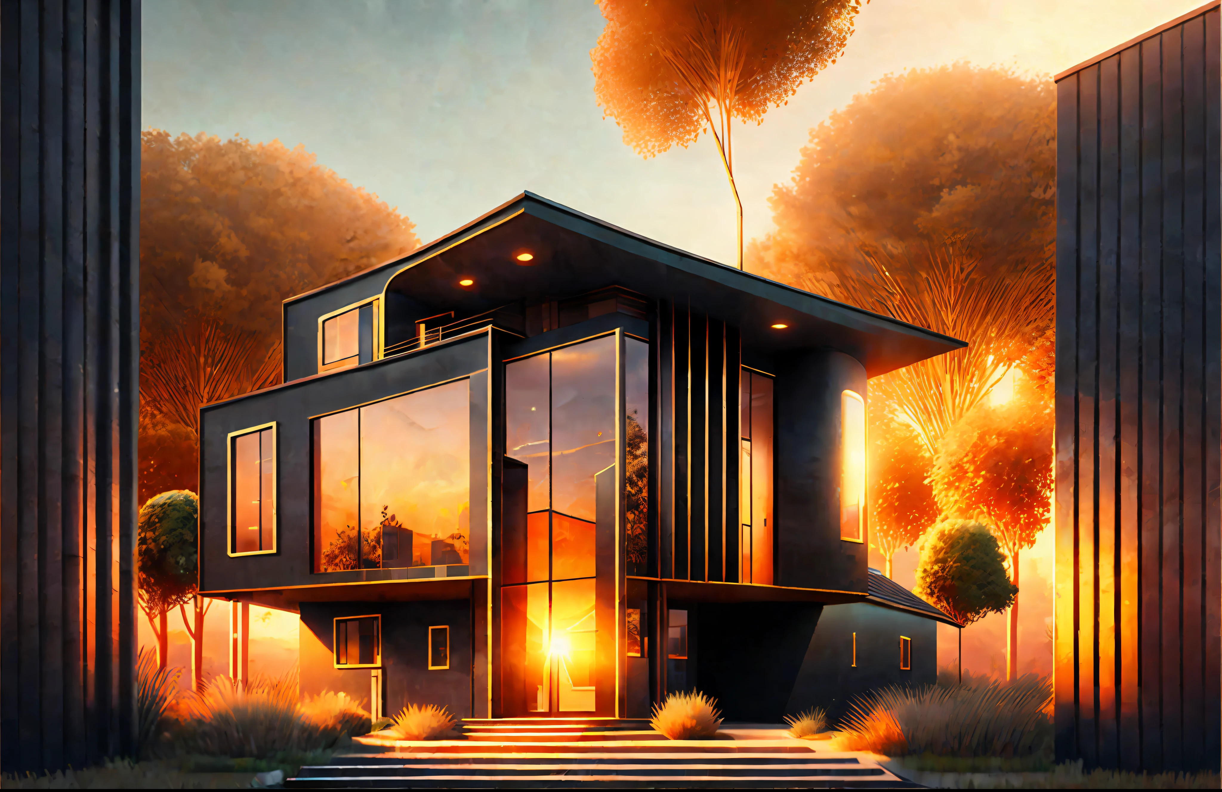 modern house, golden hour, architecture, concept art, matte painting