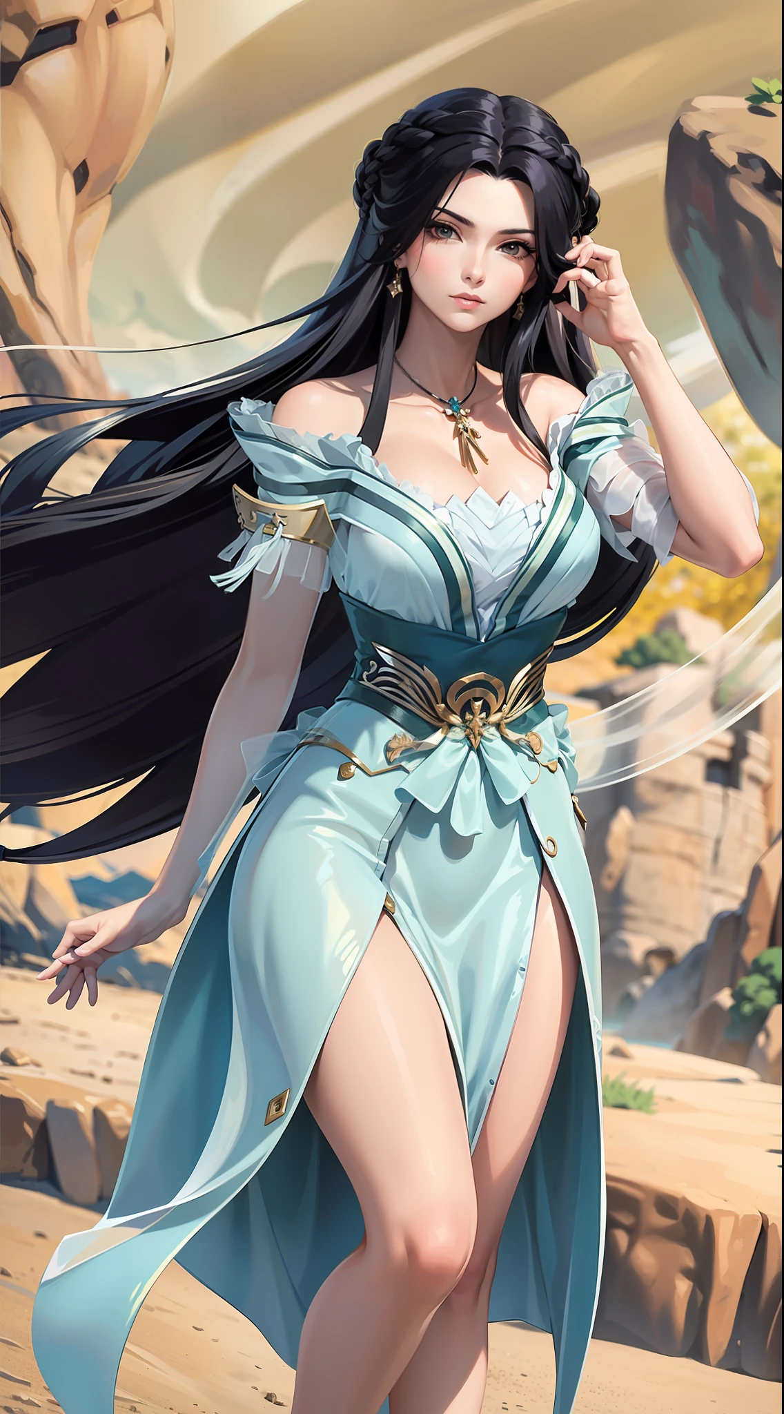 masterpiece,best quality,1girl, black hair, bare shoulders, long hair, dress,cowboy shot, dynamic pose, dynamic angle,