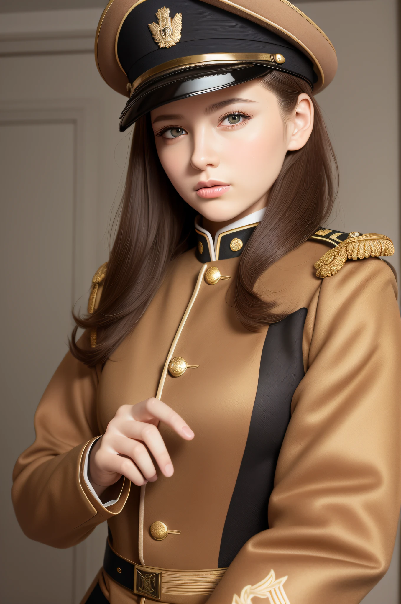 Best quality, masterpiece, (realism: 1.2), 1 girl, brown hair, brown eyes, frontal, detailed face, beautiful eyes, Russian beauty, officer, military uniform, temperament, rank uniform