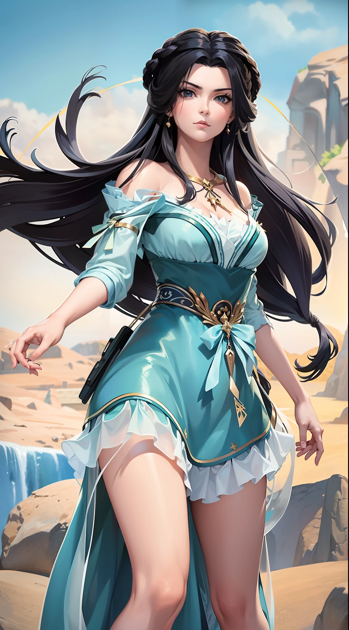 masterpiece,best quality,1girl, black hair, bare shoulders, long hair, dress,cowboy shot, dynamic pose, dynamic angle,