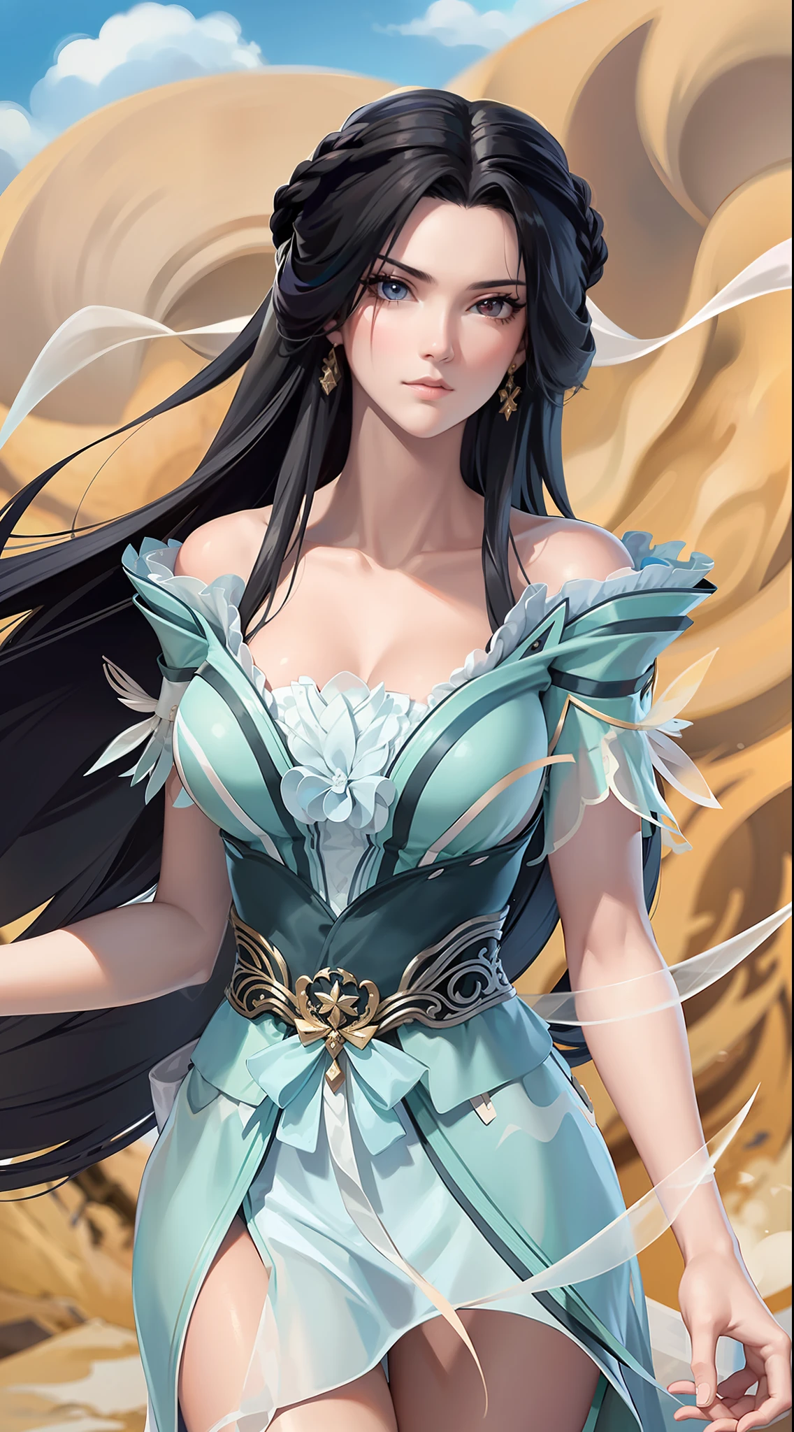 masterpiece,best quality,1girl, black hair, bare shoulders, long hair, dress,cowboy shot, dynamic pose, dynamic angle,