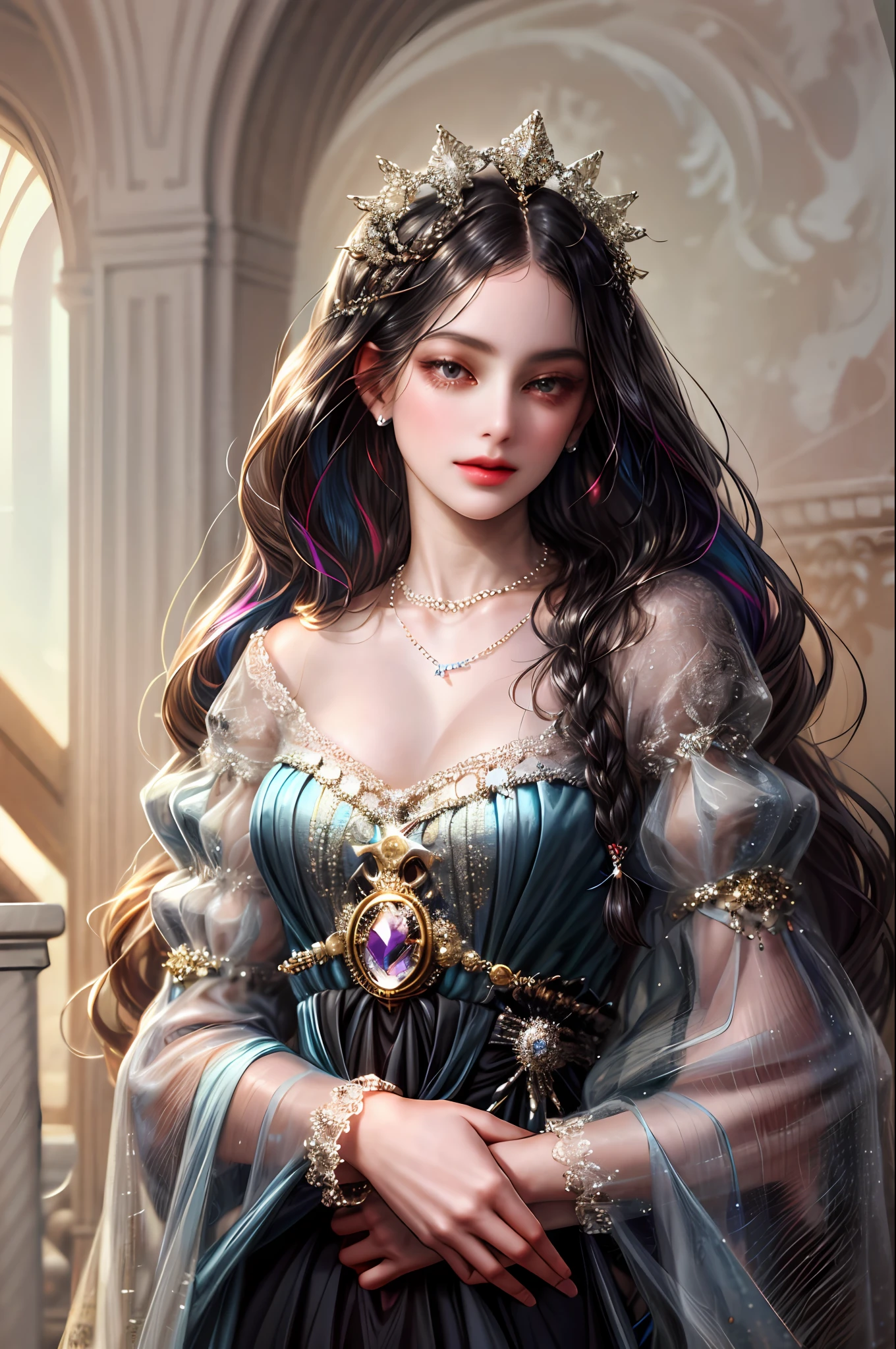 ( Absurdly , High quality , ultra detailed ) ,( hand detailed ) , 1girl, solo, mature, (very long hair, black hair), beautiful crystal eyes ( eye detailed ) Baroque, Necklace, long dress, long sleeve, elegant, colorful, highest detailed, upper body