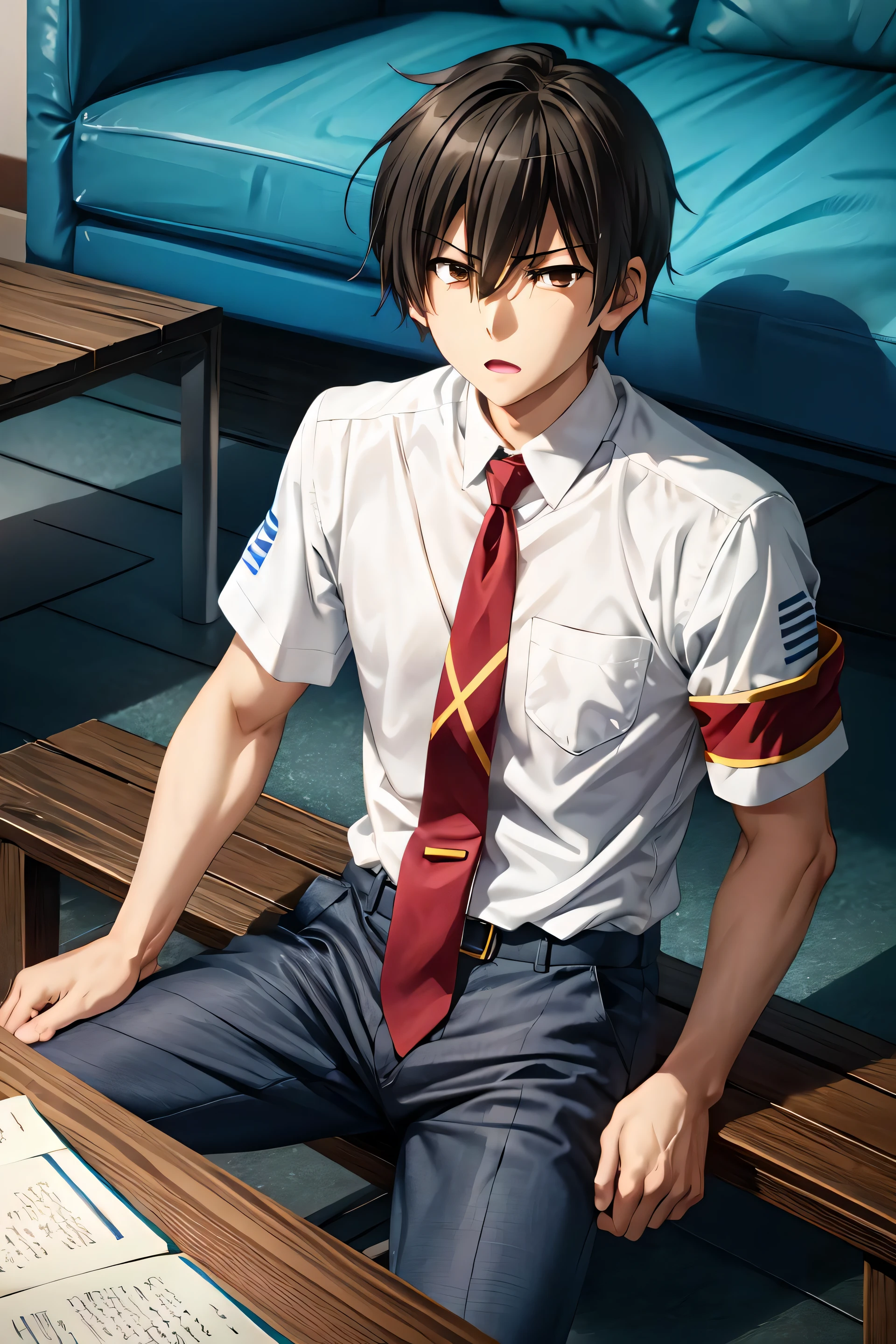 kanie seiya\(amaburi\), solo, short sleeve, looking at viewer, shirt, 1boy, white shirt, male focus, necktie, collared shirt, indoors, red necktie, red armband