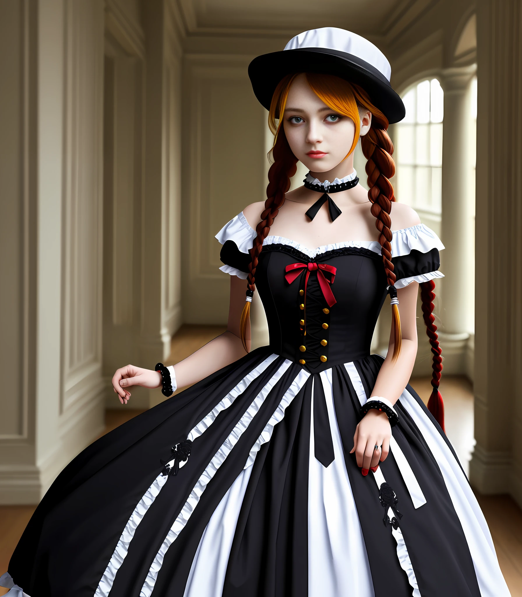 lupusregina_beta, 1girl, maid, upper body, braid, twin braids, yellow eyes, long hair, red hair, hat, choker,, (best quality: 1.2), (ultra-detailed: 1.2), masterpiece, 8k wallpapers, extremely detailed, mansion,