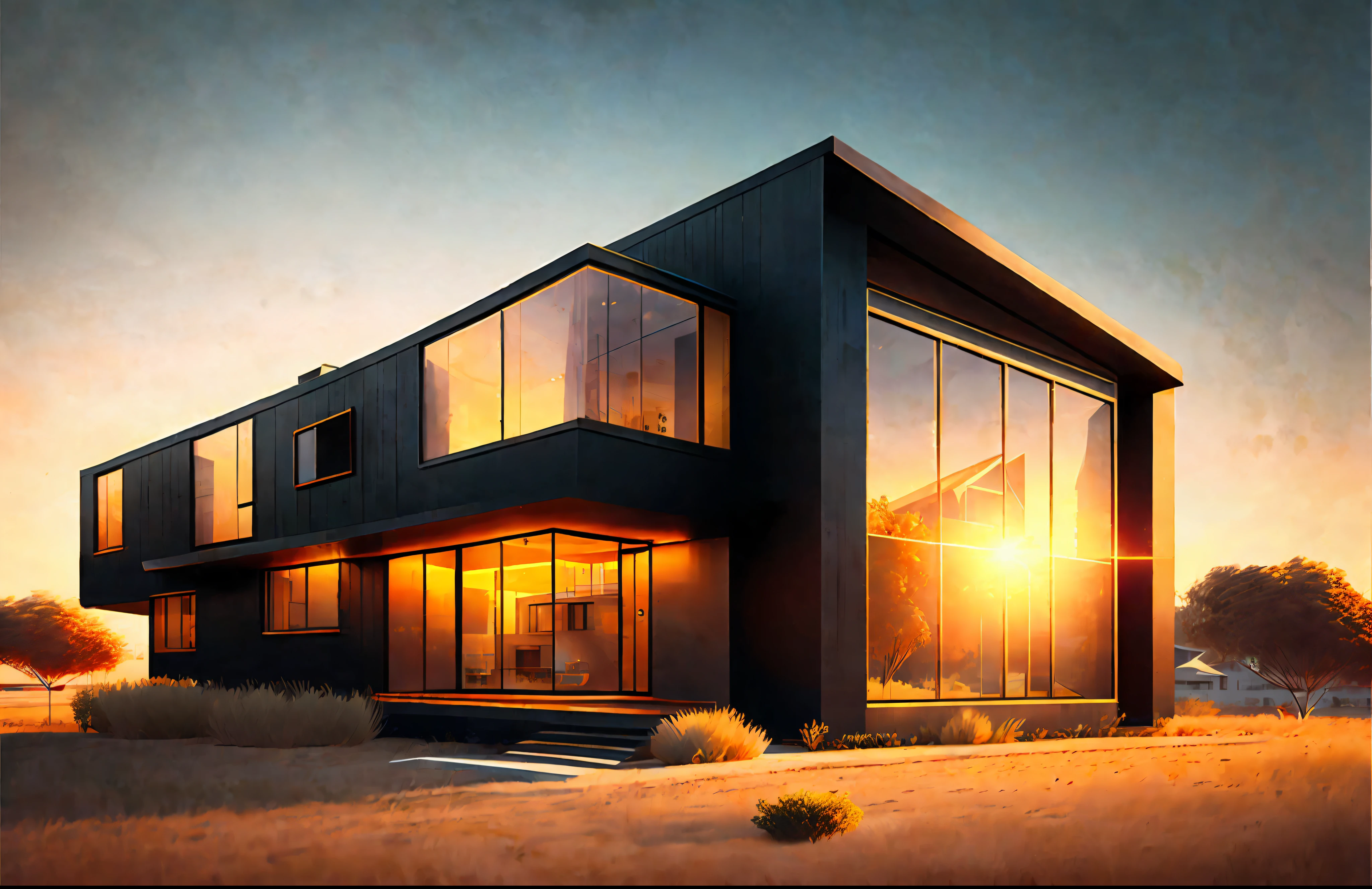 modern house, golden hour, architecture, concept art, matte painting