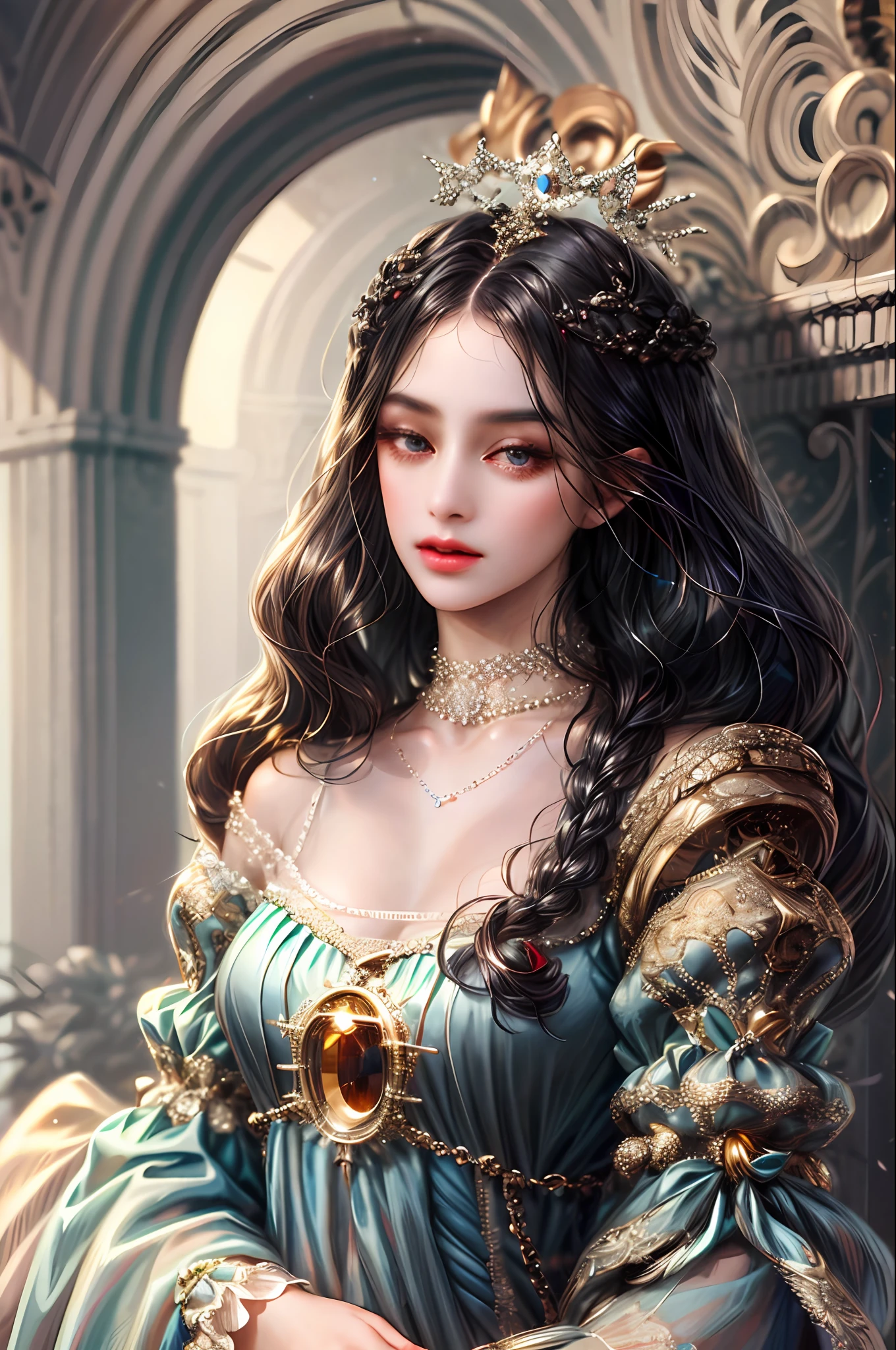 ( Absurdly , High quality , ultra detailed ) ,( hand detailed ) , 1girl, solo, mature, (very long hair, black hair), beautiful crystal eyes ( eye detailed ) Baroque, Necklace, long dress, long sleeve, elegant, colorful, highest detailed, upper body