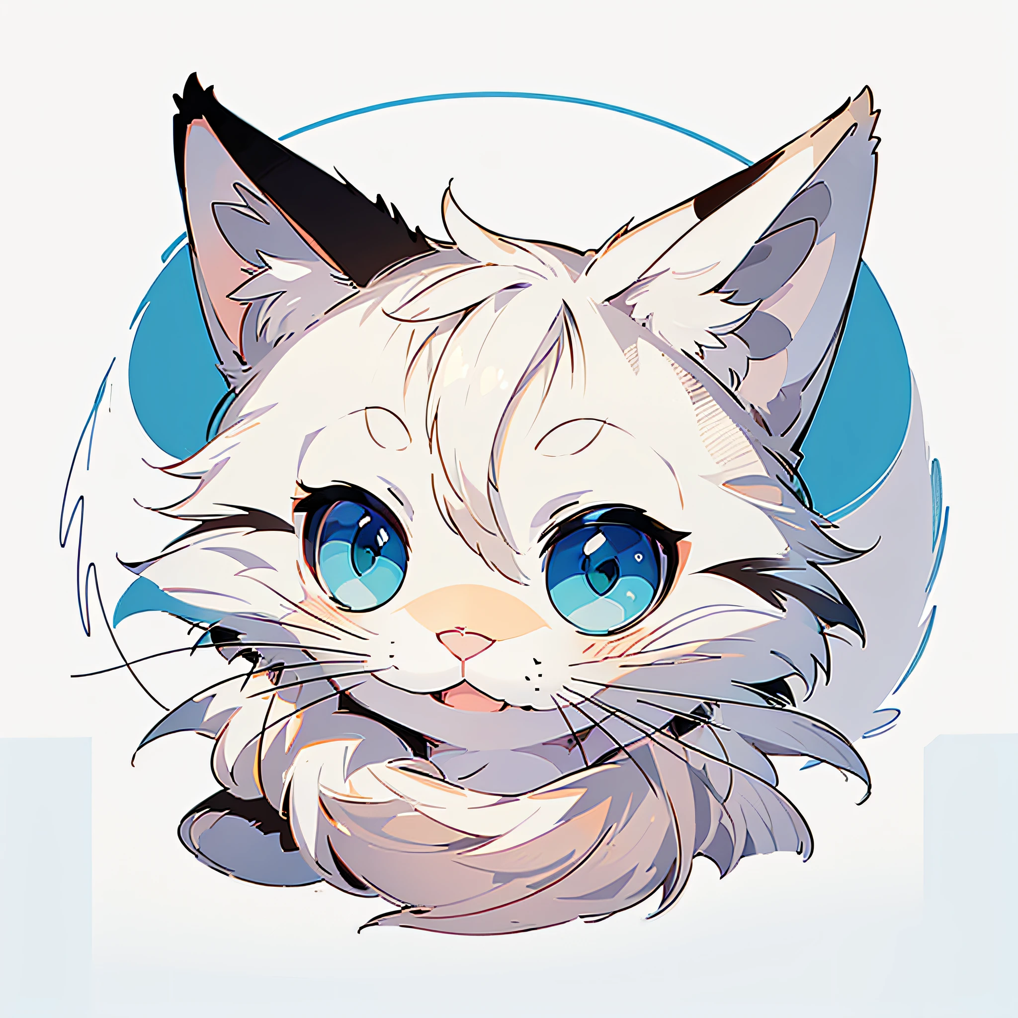 high resolution, 2D line art logo, white tabby cat, smile, smile, pale blue background, minimalistic and simple logo, smooth vector illustration, monochrome,