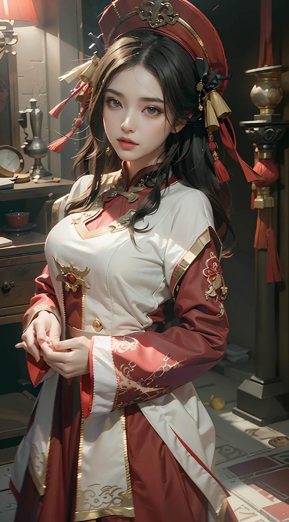 ((Best Quality)), ((Masterpiece)), (Details: 1.4), 3D, A Beautiful Chinese Costume Beauty, (Full Red Wedding Dress: 1.9), (Long Black Straight Hair: 1.7), (Red Hood: 1.2) (Red Glow) (Wedding Scene: 1.5), Chinese Wedding, HDR (High Dynamic Range), Ray Tracing, NVIDIA RTX, Super-Resolution, Unreal 5, Subsurface Scattering, PBR Texture, Post-processing, Anisotropic Filtering, Depth of Field, Maximum Sharpness and Clarity, Multi-layer Texture, Albedo and Highlight Mapping, Surface Shading, Accurate Simulation of Light-Material Interactions, Perfect Proportions, Octane Render, Bicolor Light, Large Aperture, Low ISO, White Balance, Rule of Thirds, 8K RAW,