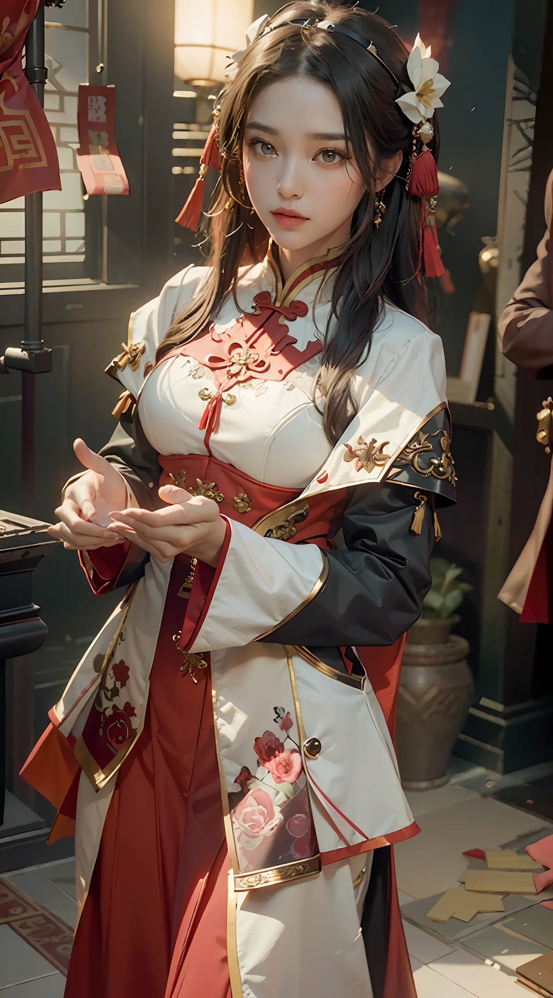 ((Best Quality)), ((Masterpiece)), (Details: 1.4), 3D, A Beautiful Chinese Costume Beauty, (Full Red Wedding Dress: 1.9), (Long Black Straight Hair: 1.7), (Red Hood: 1.2) (Red Glow) (Wedding Scene: 1.5), Chinese Wedding, HDR (High Dynamic Range), Ray Tracing, NVIDIA RTX, Super-Resolution, Unreal 5, Subsurface Scattering, PBR Texture, Post-processing, Anisotropic Filtering, Depth of Field, Maximum Sharpness and Clarity, Multi-layer Texture, Albedo and Highlight Mapping, Surface Shading, Accurate Simulation of Light-Material Interactions, Perfect Proportions, Octane Render, Bicolor Light, Large Aperture, Low ISO, White Balance, Rule of Thirds, 8K RAW,