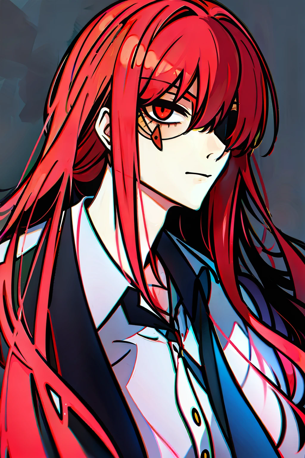 Man with long red hair and an eye patch and evil look