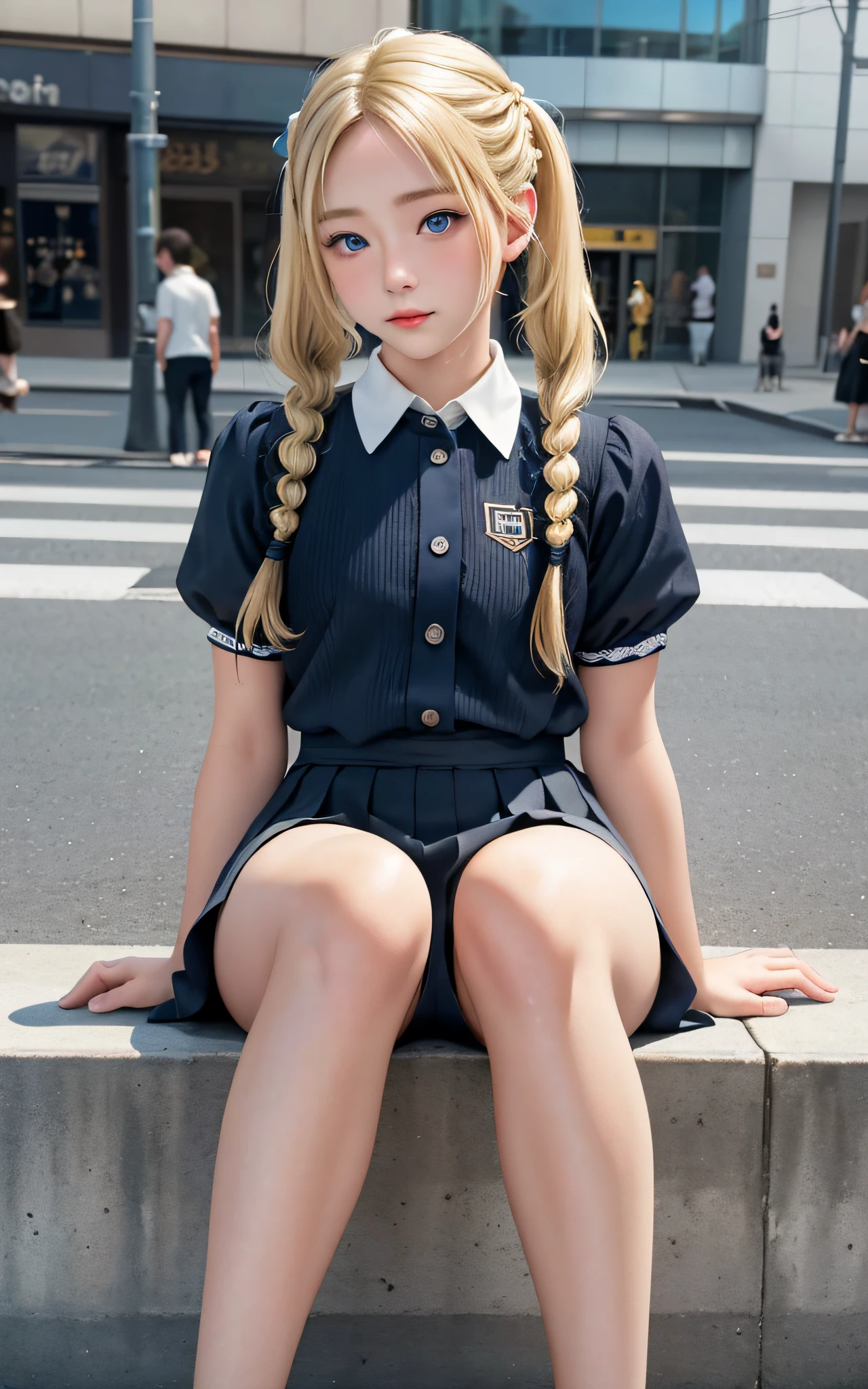 (Beautiful blonde, dark blue and beautiful eyes, small, 18 years old, thin waist, pigtails, thick braid, happy), sitting, legs raised, top to bottom focus, model pose, background is Shibuya, uniform, street snap, (masterpiece), ((highest quality)), (super detailed), girl, clean and detailed face, five fingers, textile shading, perfect human structure, perfect anatomy,