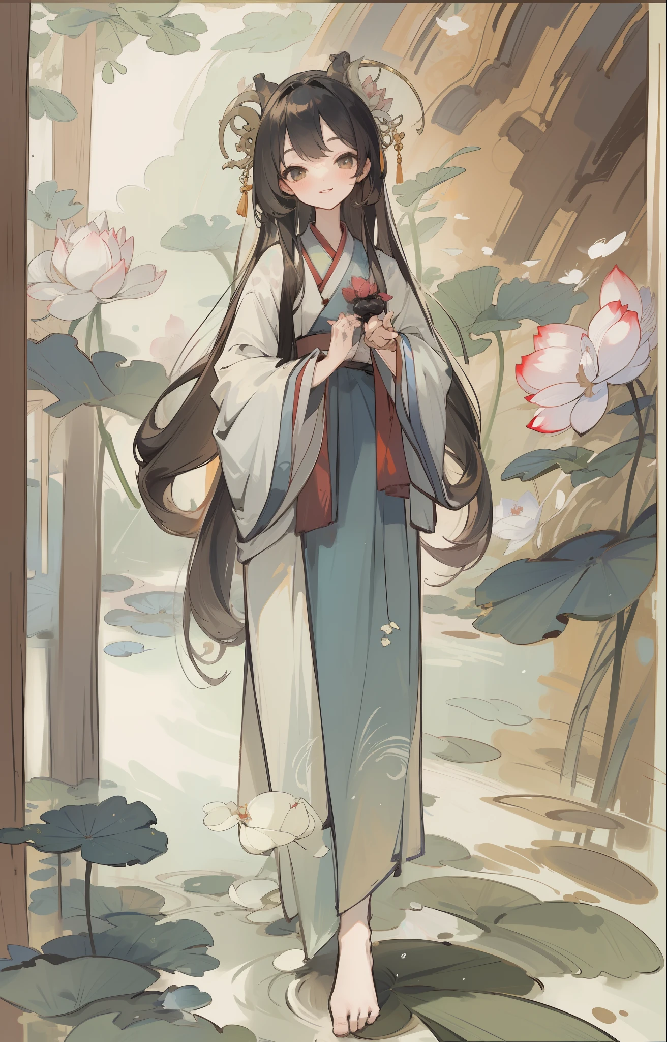 ((4k,masterpiece,best quality)), shuimobysim, Chinese painting, lotus, hanfu, maxiskit, dress conservatively 1girl, solo, long hair, smile, standing, feet in water, barefoot,