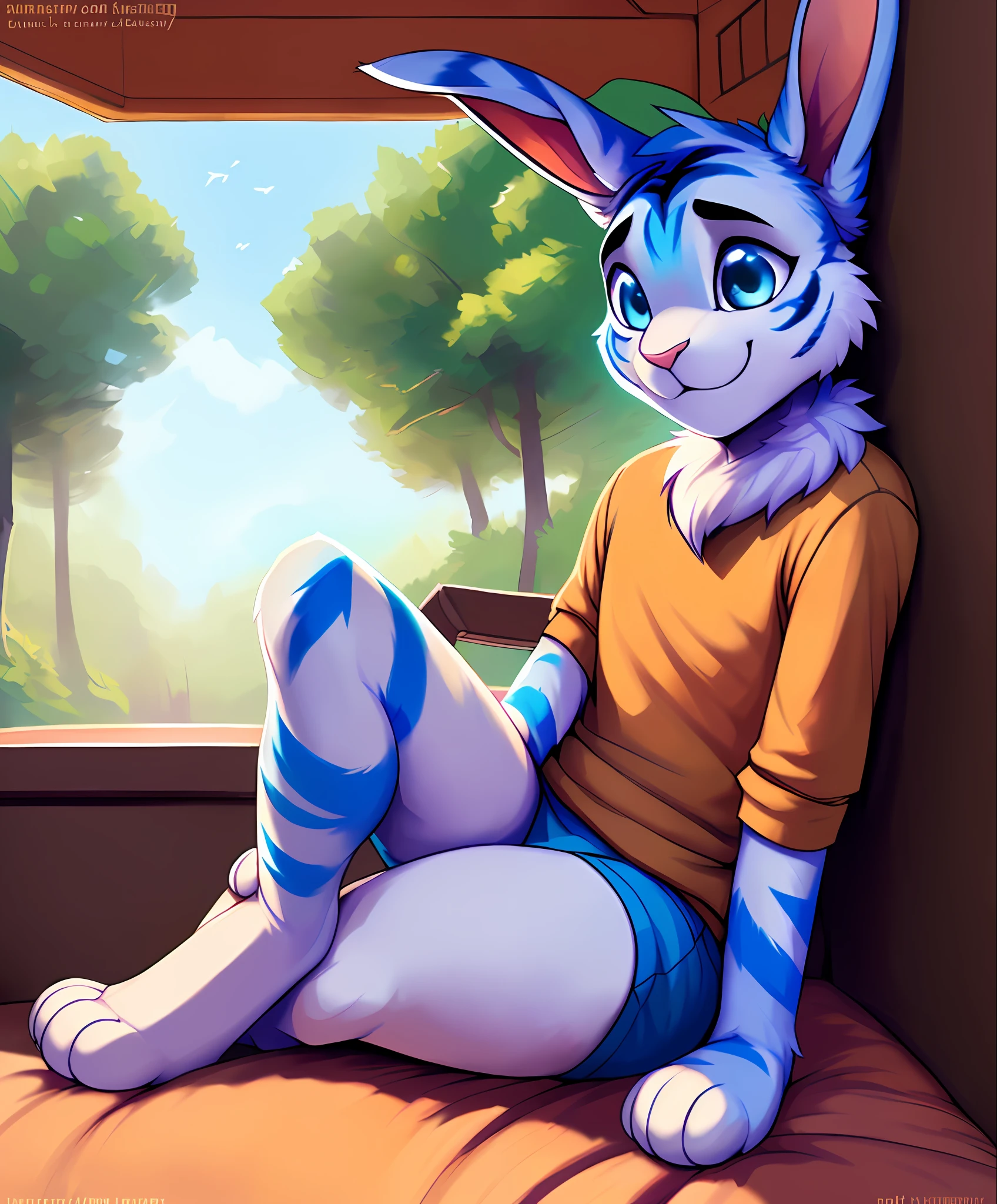 beautiful, masterpiece, 4k, 8k, high-res, sharp lighting, kenket, Ross Tran, ruan jia, detailed eyes, detailed face, ((1boy)), (((very handsome, feminine, bunny))), white fur colors, soft blue tiger strip ears, soft blue tiger stripes paws, ((street-wear clothing)), sitting down on bed , cozy room background, ((one ear flopped down)), looking at viewer, smiling, (gentle, blue eyes), hands next to body, portrait, bunny solo, solo