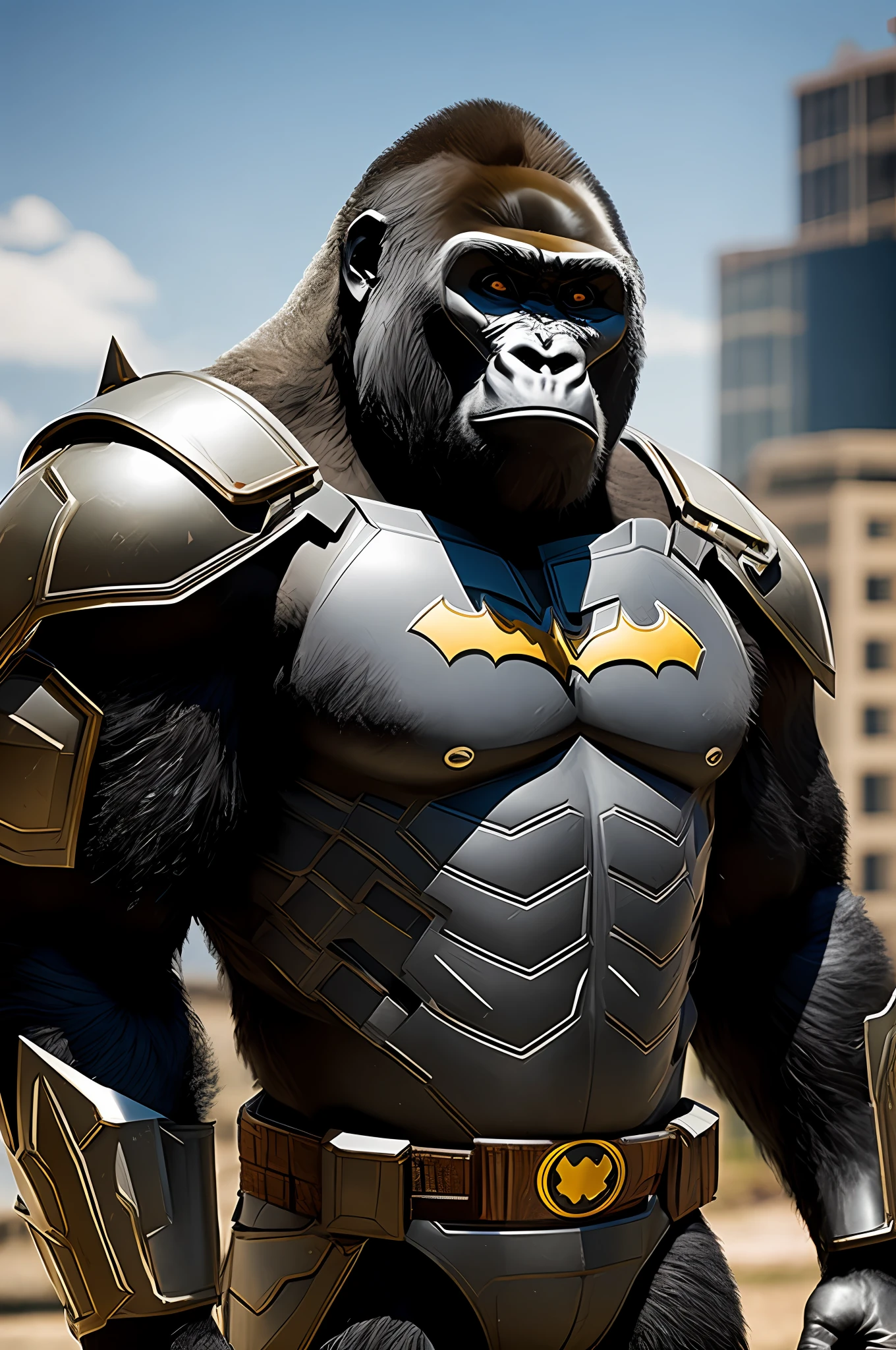 A photo of a gorilla in Batman armor, highly detailed and dramatic, with red eyes, black belt without duplicate and pistol at the waist