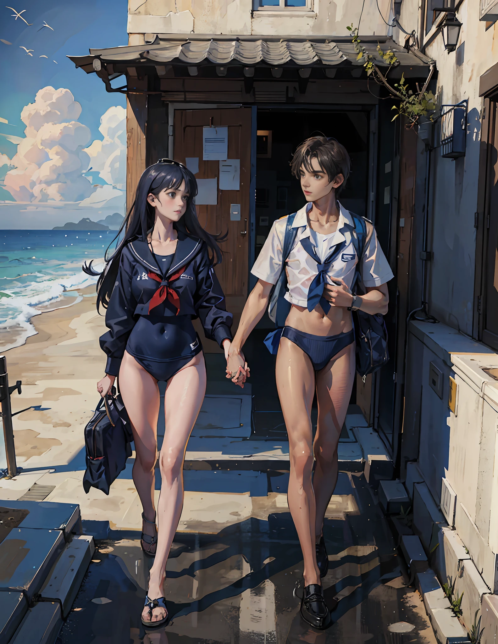 Picture of age girl in navy blue school swimsuit and teenboy in navy blue bikini swimsuit walking to school hand in hand