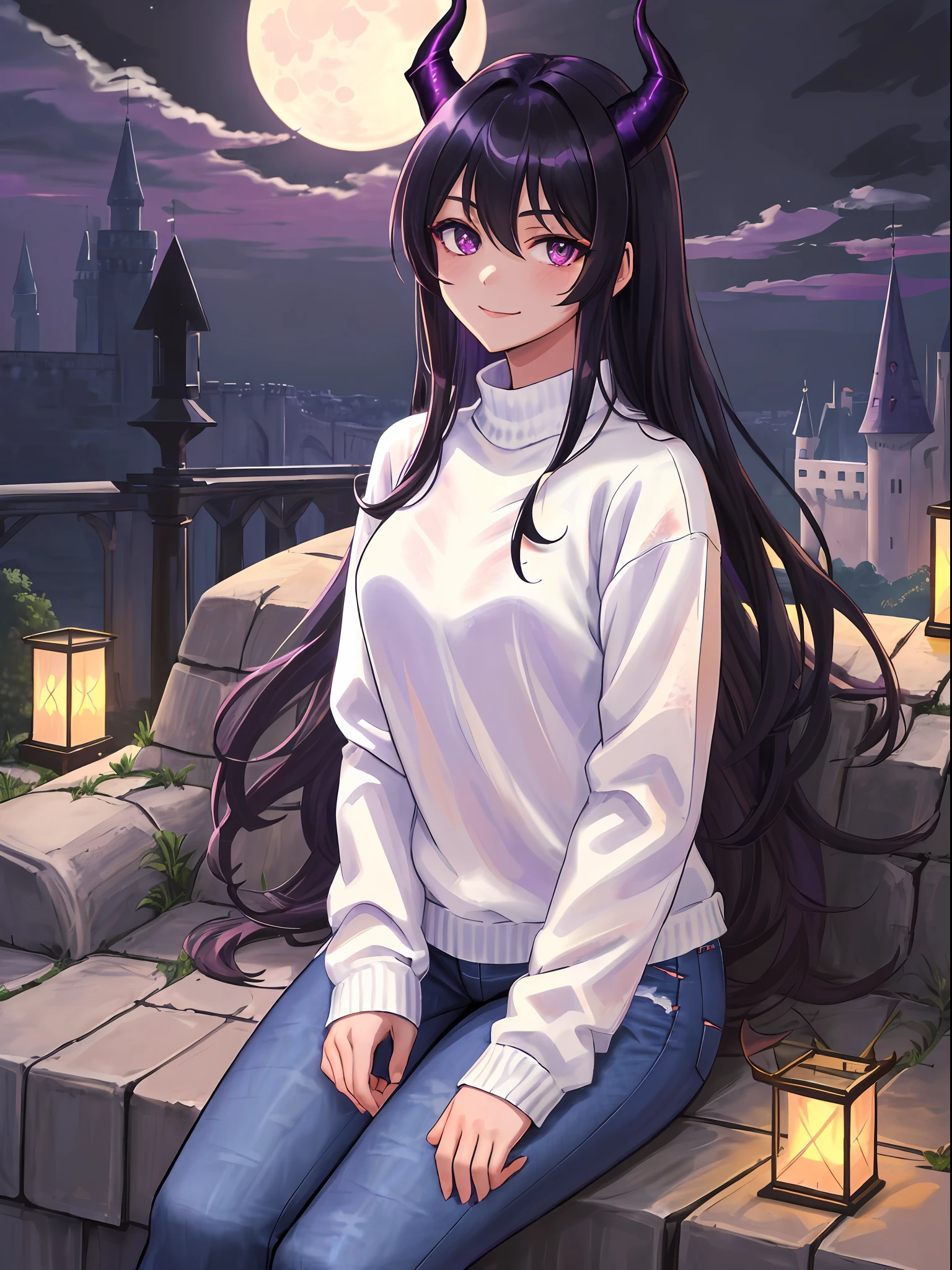 ((highest quality, masterpiece, 4k, finely detailed, detailed eyes, detailed face, intricate details, gelbooru, pixiv)), warm lighting, ((solo)), 1girl, (((dark purple demon horns))), ((sharp but gentle eye shape, purple eye color)), medium chest, (((black hair, long hair, middle strand, messy hair)), looking at viewer, smile, ((bleached jeans, white sweater)), cloudy sky, moon night, moon shine, sitting on castle wall, castle background, hands next to body