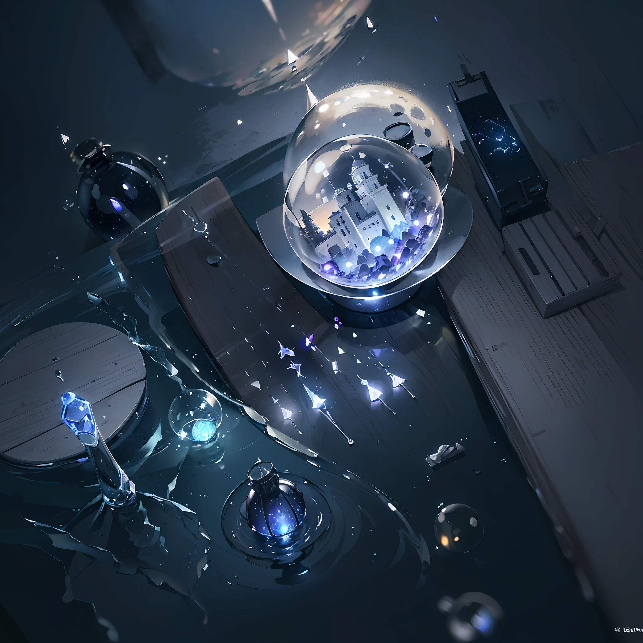 Computer, Extensive landscape ultrasound photography soap bubbles, full moon, night sky, green hill, burning lighthouse, (general view showing lighthouse, glass, reflection),inside soap bubble reflected moon, meteor shower, (ultradetailed), burning lighthouse, glass, (detailed), shards, glass (detailed), night night, reflection of the moon, (1:3), fireflies (1:3), BREAK production art, (cold light source:1.2), (Firefly:1.2), purple, fire particles, colors, intricate details, volumetric lighting, realistic fantasy BREAK (masterpiece:1.2), (best quality), 4k, ultra-detailed, (dynamic composition: 1.4), high detailed, colorful details, (gloomy colors: 1.2), (luminous lighting, atmospheric lighting), gloomy, dark, magical --auto --s2